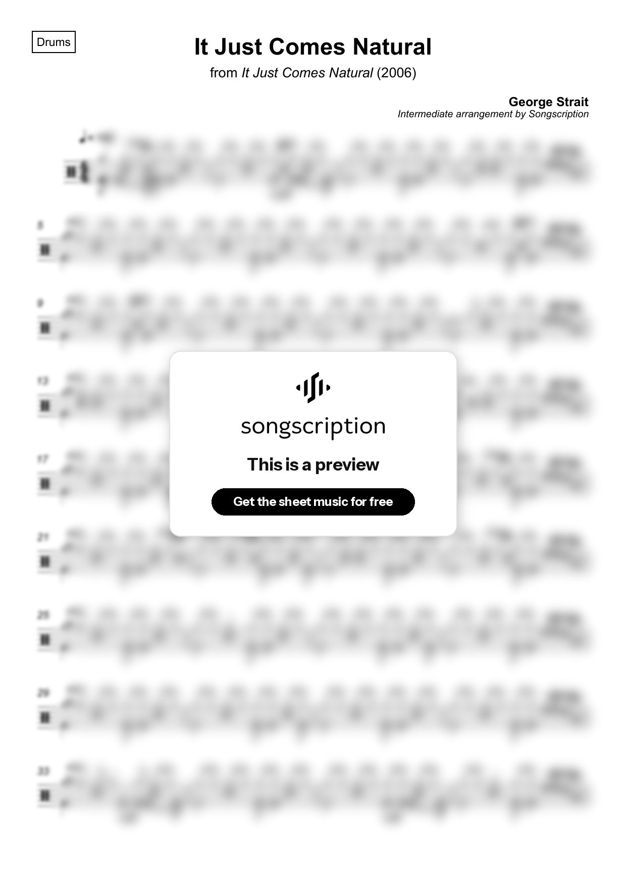 Intermediate Drums Sheet Music for "It Just Comes Natural" by George Strait
