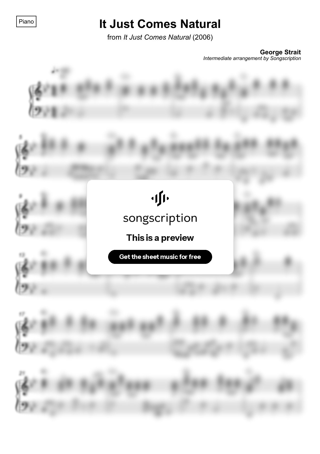 Intermediate Piano Sheet Music for "It Just Comes Natural" by George Strait