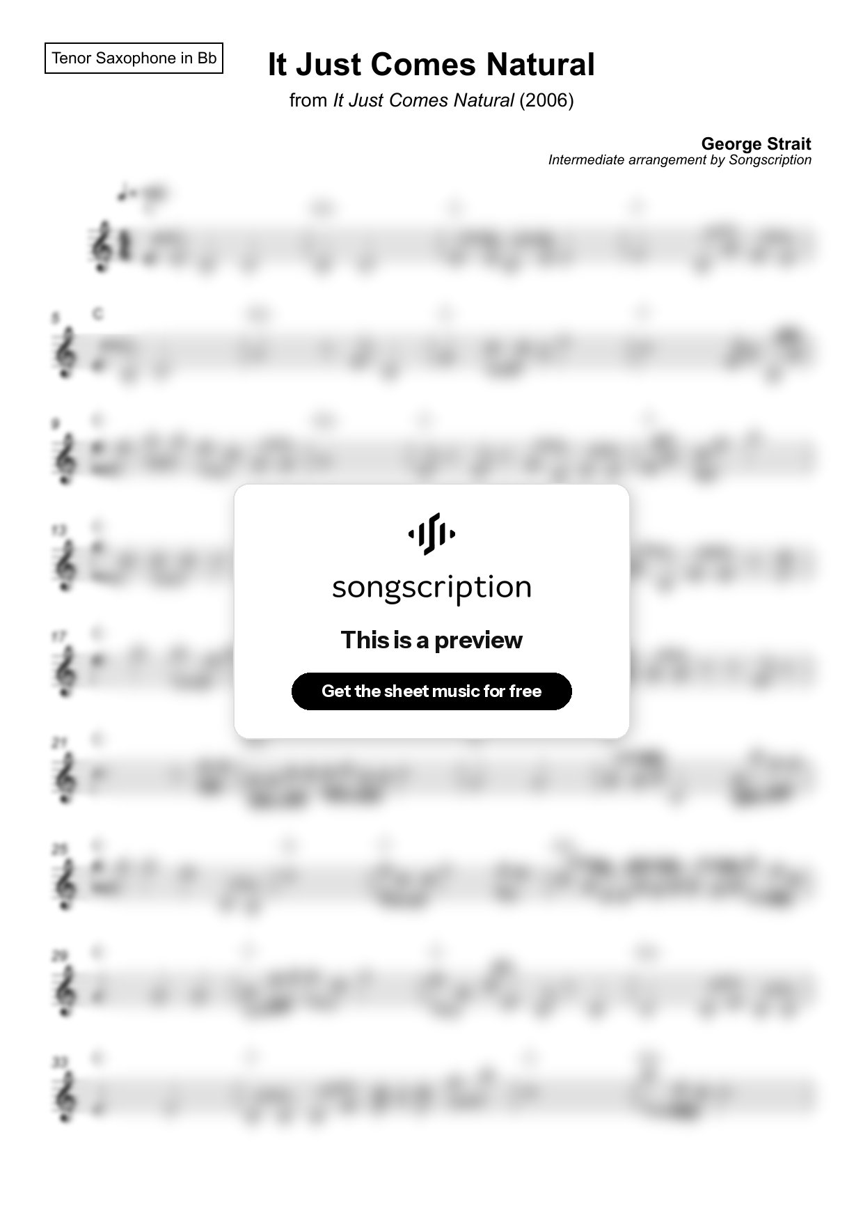 Intermediate Tenor Sax Sheet Music for "It Just Comes Natural" by George Strait