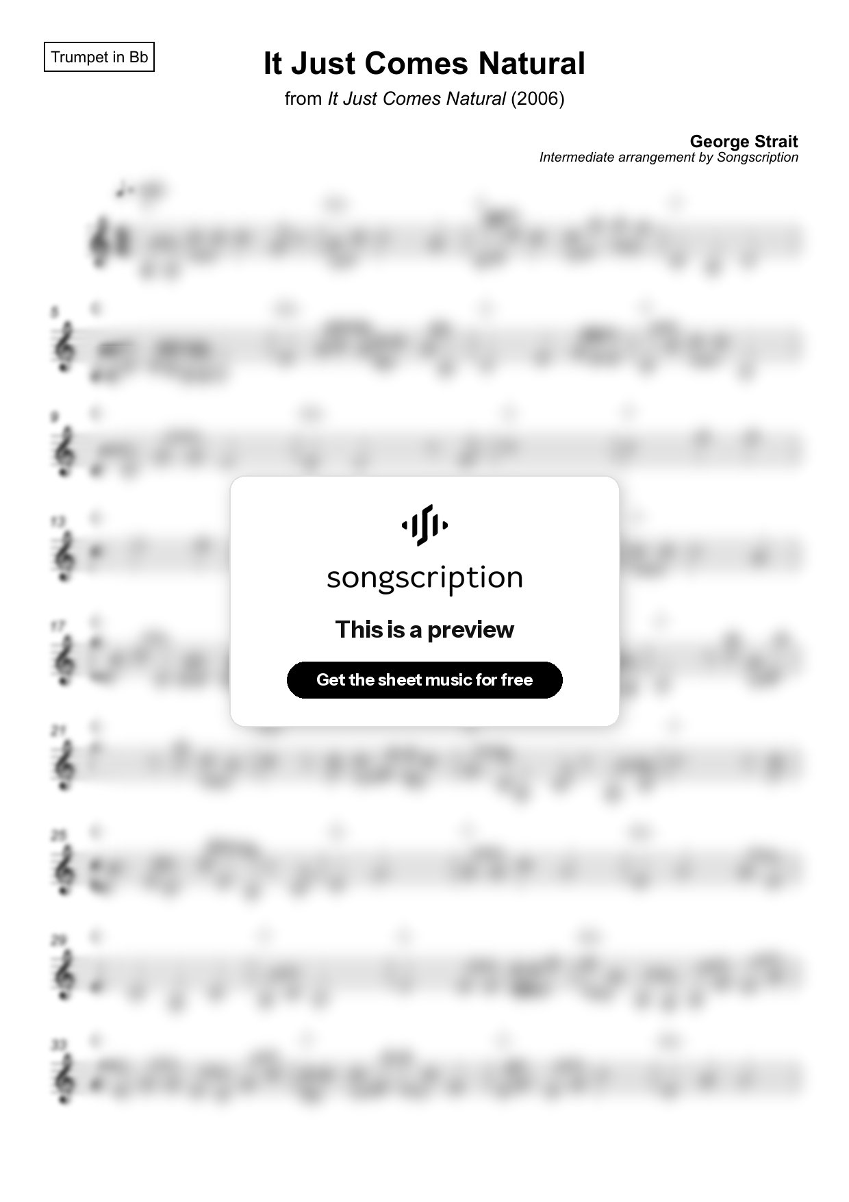 Intermediate Trumpet Sheet Music for "It Just Comes Natural" by George Strait