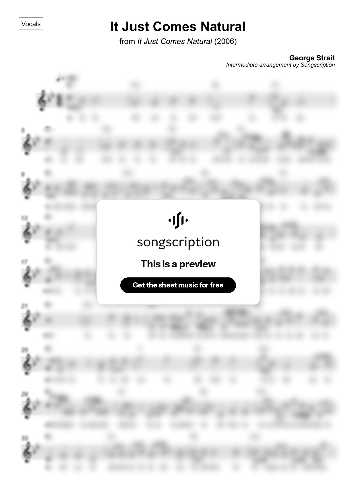 Intermediate Vocals Sheet Music for "It Just Comes Natural" by George Strait