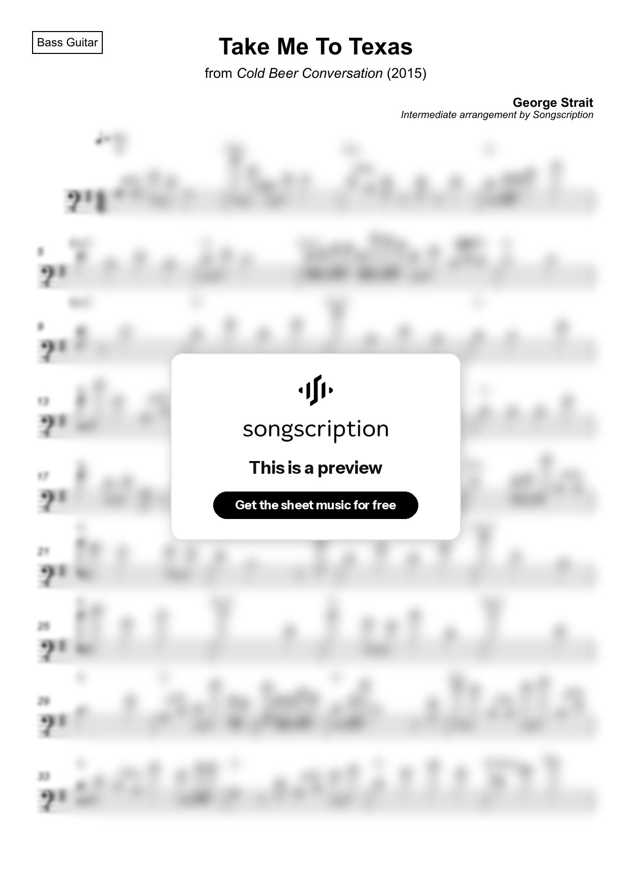 Intermediate Bass Guitar Sheet Music for "Take Me To Texas" by George Strait