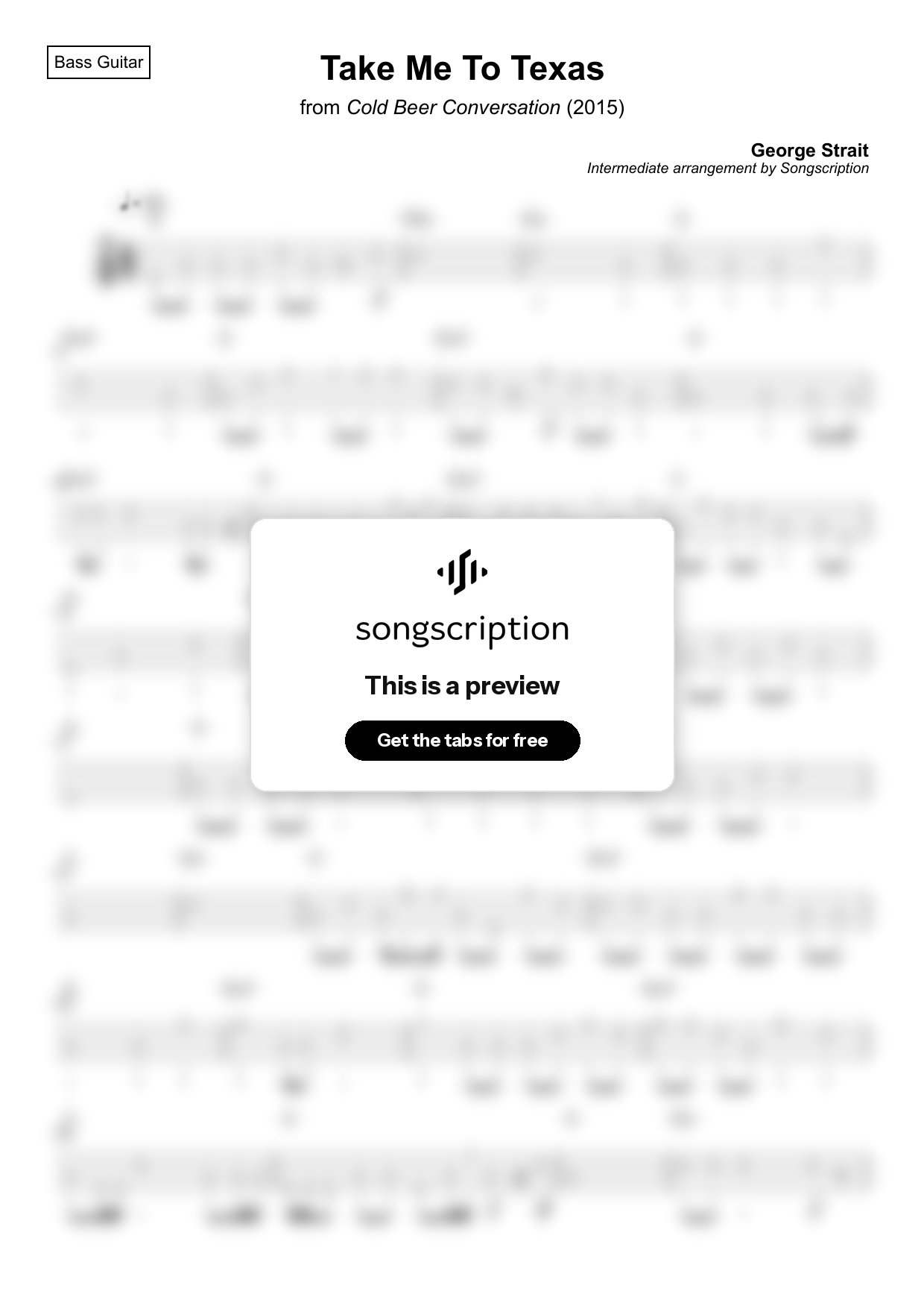 Intermediate Bass Guitar Tabs for "Take Me To Texas" by George Strait