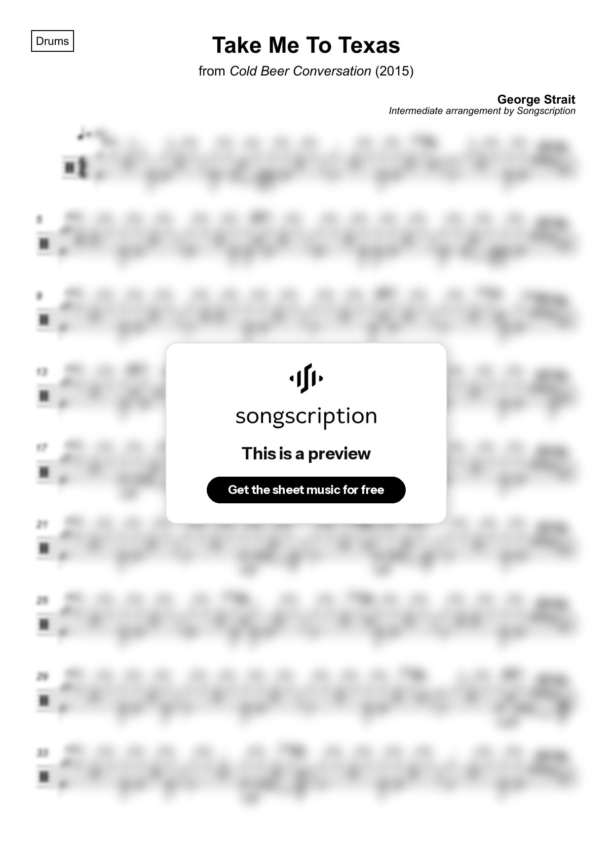 Intermediate Drums Sheet Music for "Take Me To Texas" by George Strait