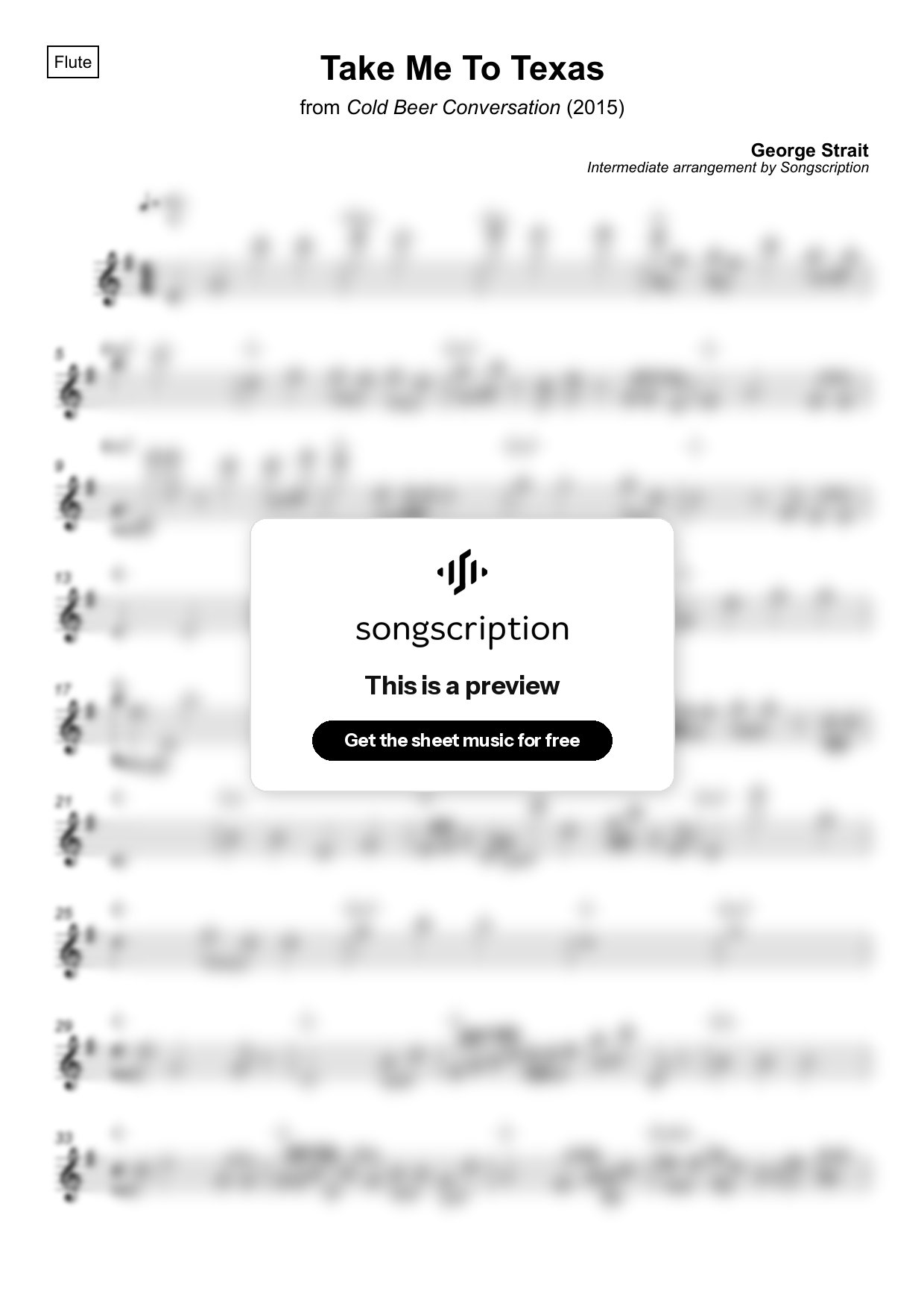 Intermediate Flute Sheet Music for "Take Me To Texas" by George Strait