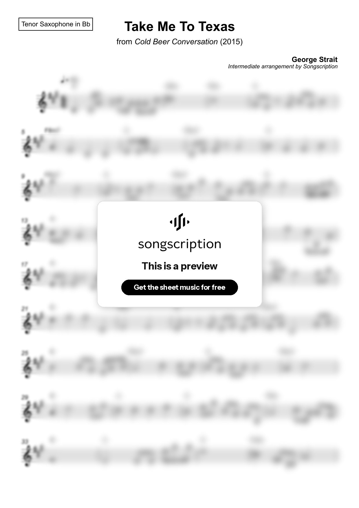 Intermediate Tenor Sax Sheet Music for "Take Me To Texas" by George Strait