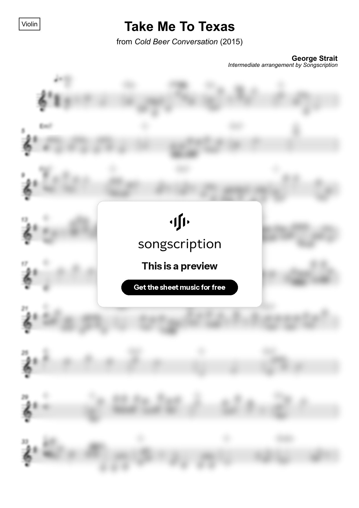 Intermediate Violin Sheet Music for "Take Me To Texas" by George Strait