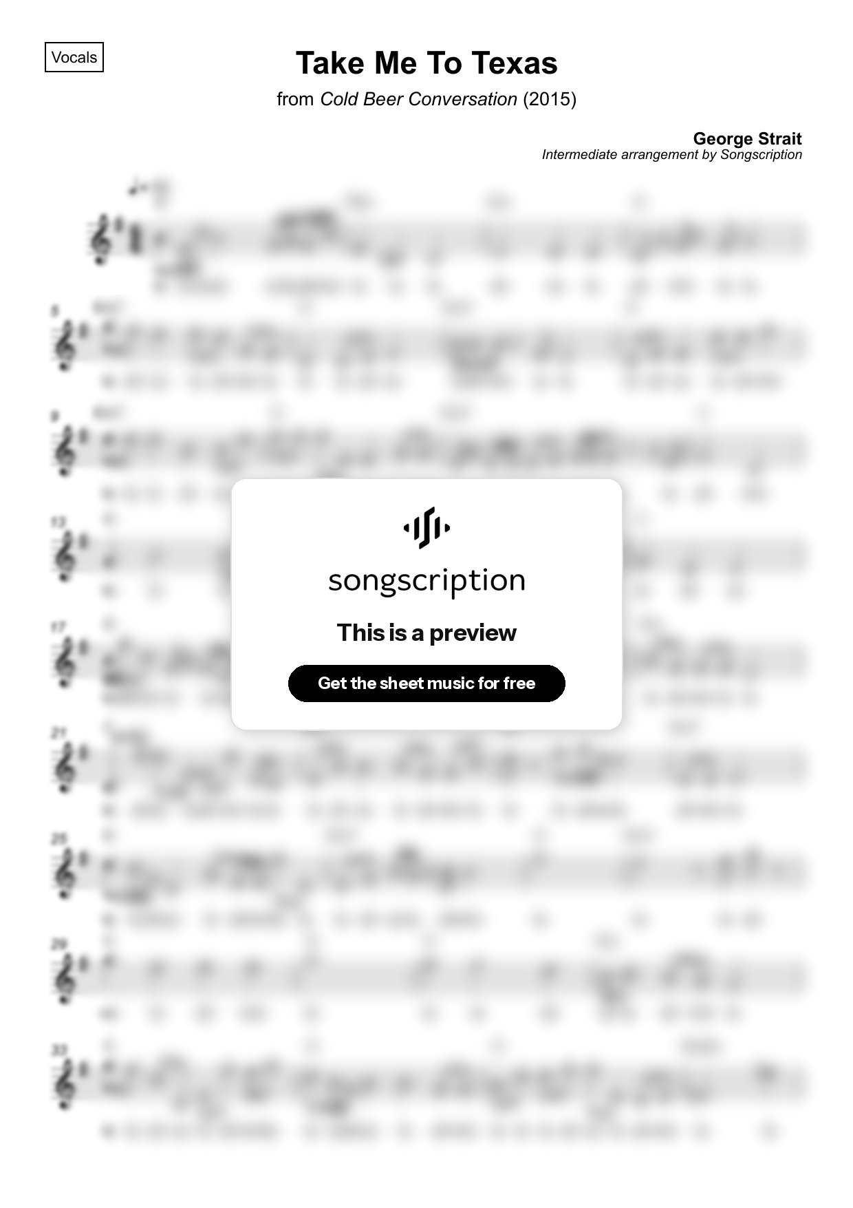 Intermediate Vocals Sheet Music for "Take Me To Texas" by George Strait