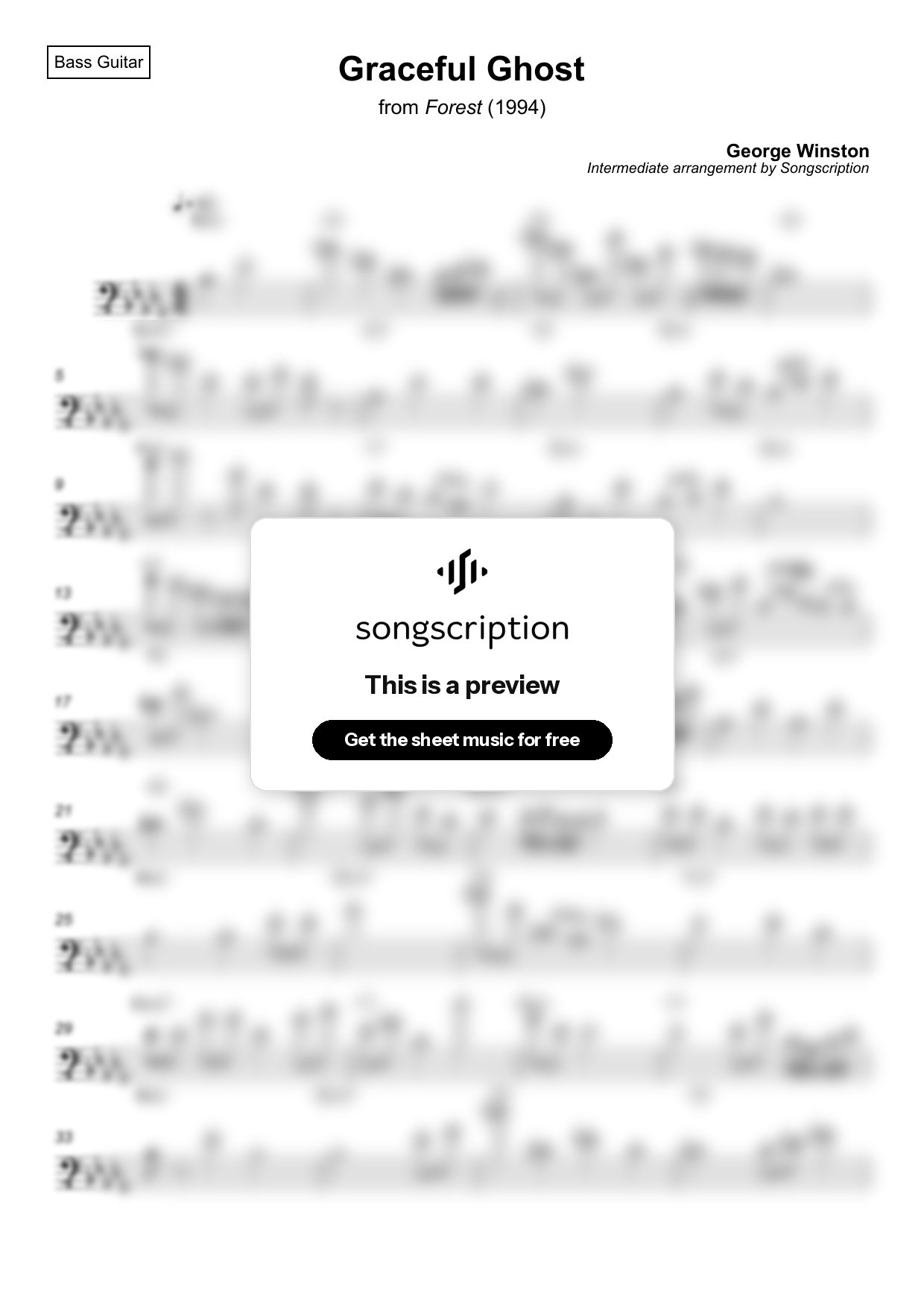 Intermediate Bass Guitar Sheet Music for "Graceful Ghost" by George Winston
