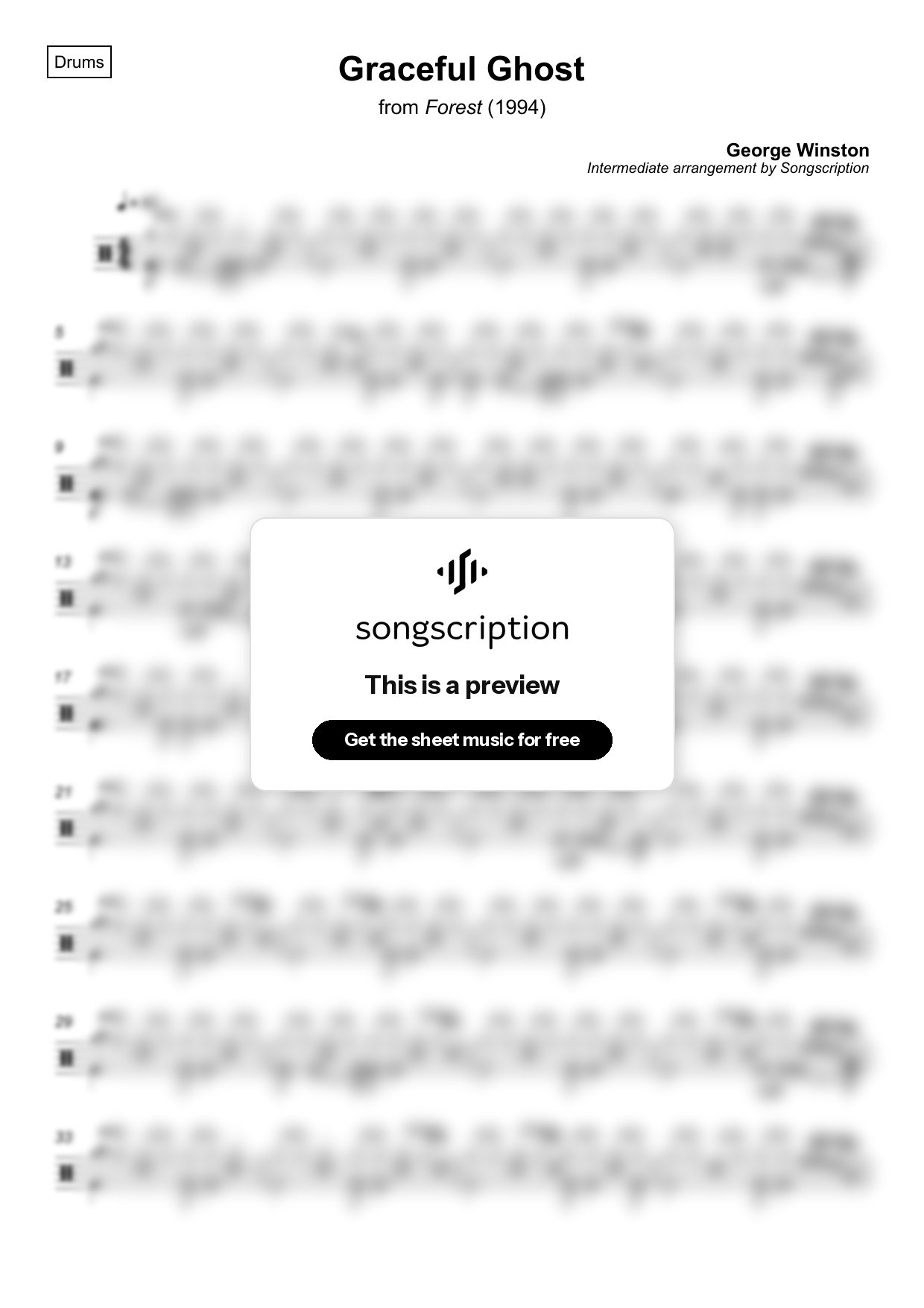 Intermediate Drums Sheet Music for "Graceful Ghost" by George Winston