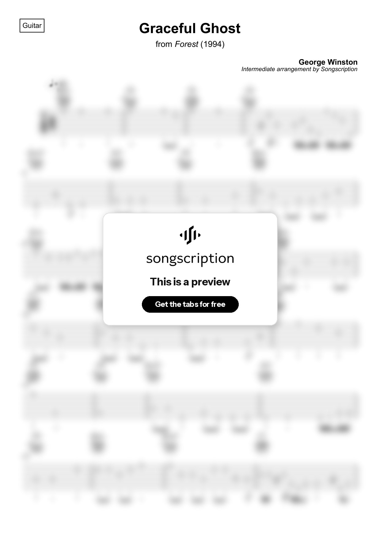 Intermediate Acoustic Guitar Tabs for "Graceful Ghost" by George Winston