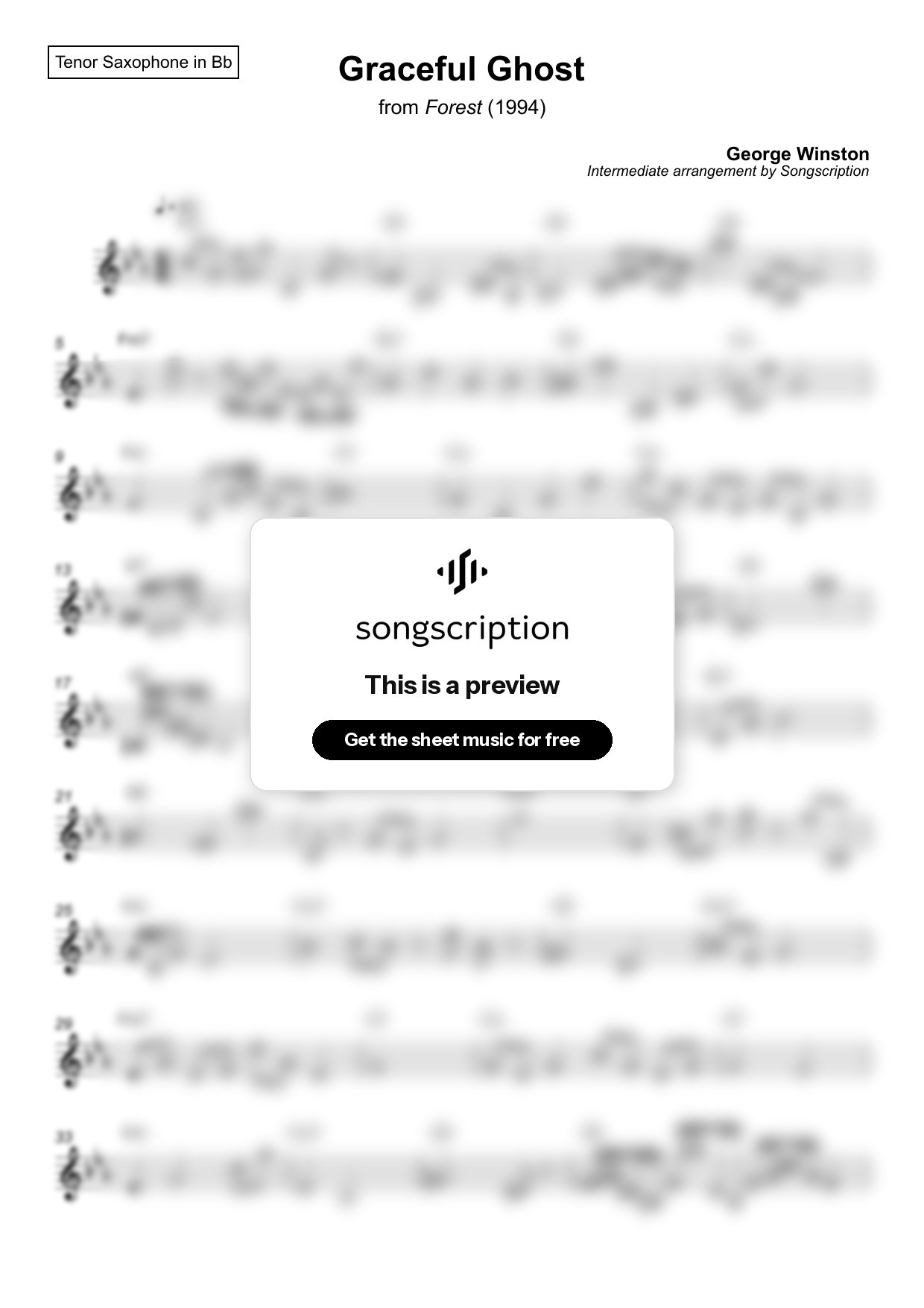 Intermediate Tenor Sax Sheet Music for "Graceful Ghost" by George Winston