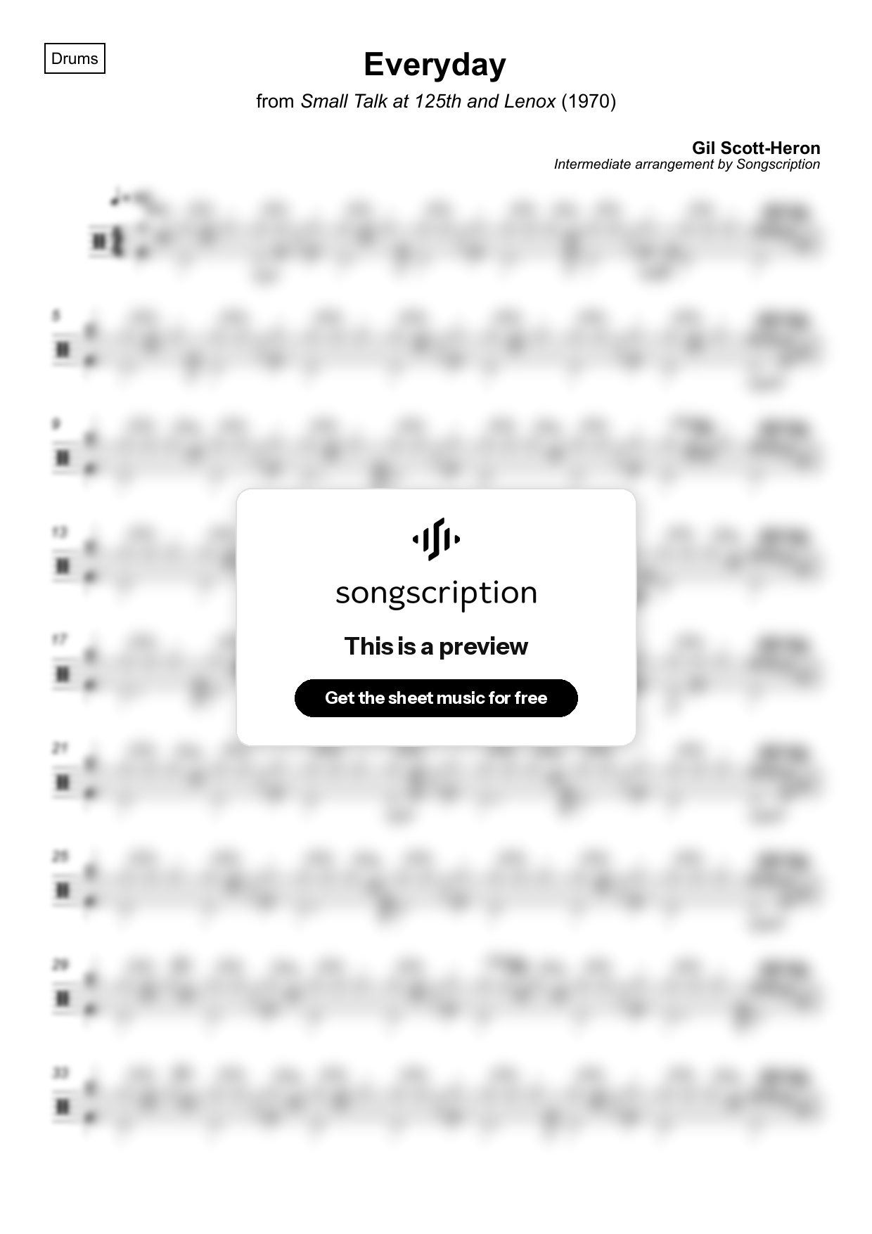 Intermediate Drums Sheet Music for "Everyday" by Gil Scott-Heron