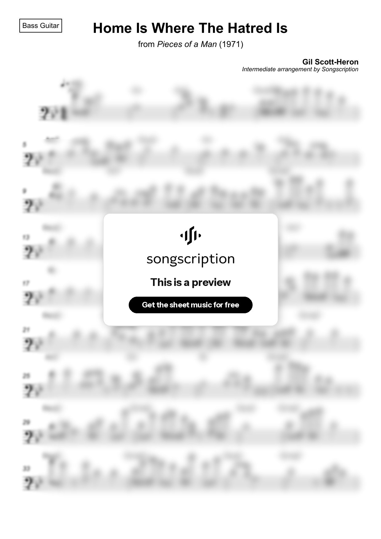 Intermediate Bass Guitar Sheet Music for "Home Is Where The Hatred Is" by Gil Scott-Heron