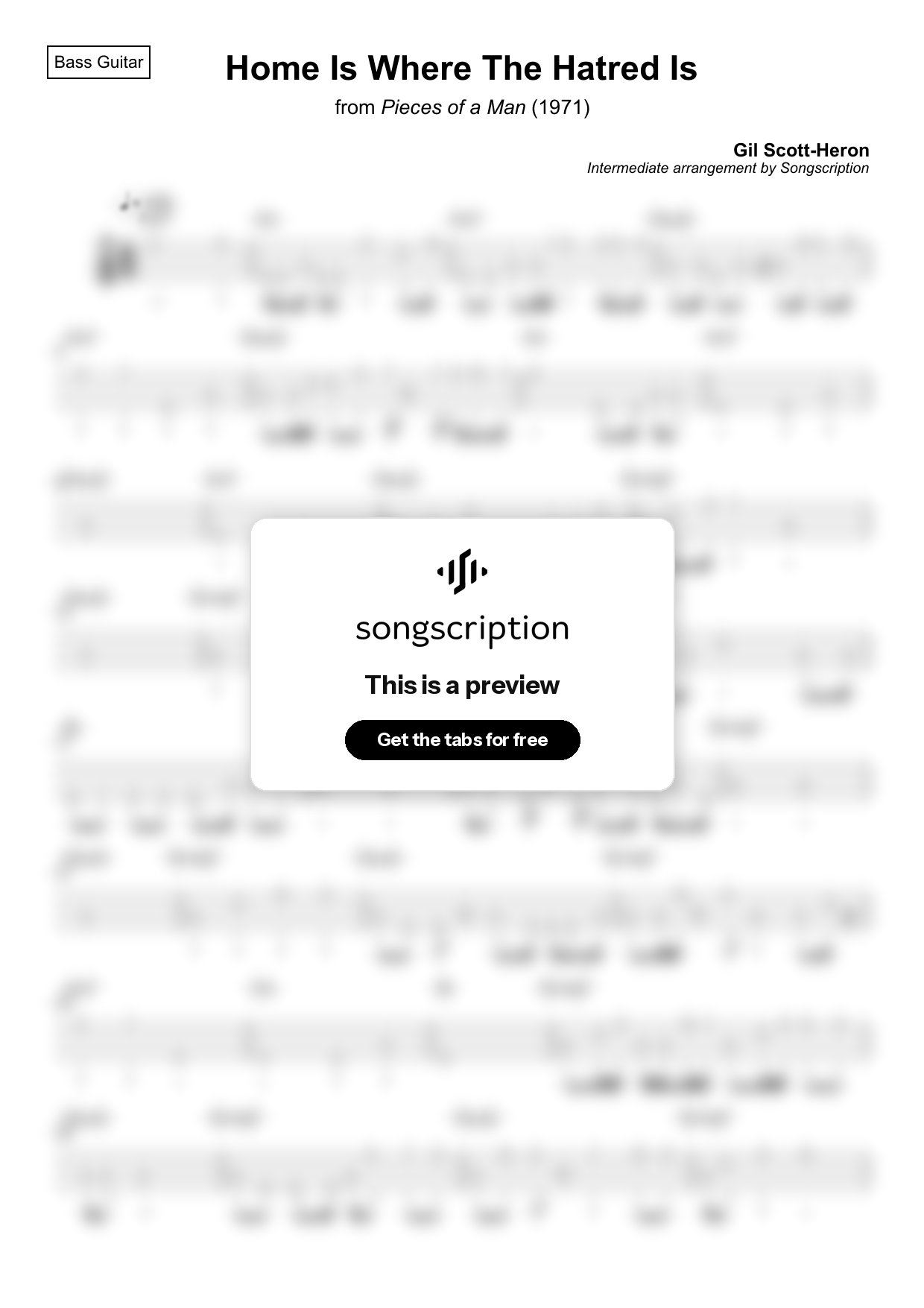 Intermediate Bass Guitar Tabs for "Home Is Where The Hatred Is" by Gil Scott-Heron