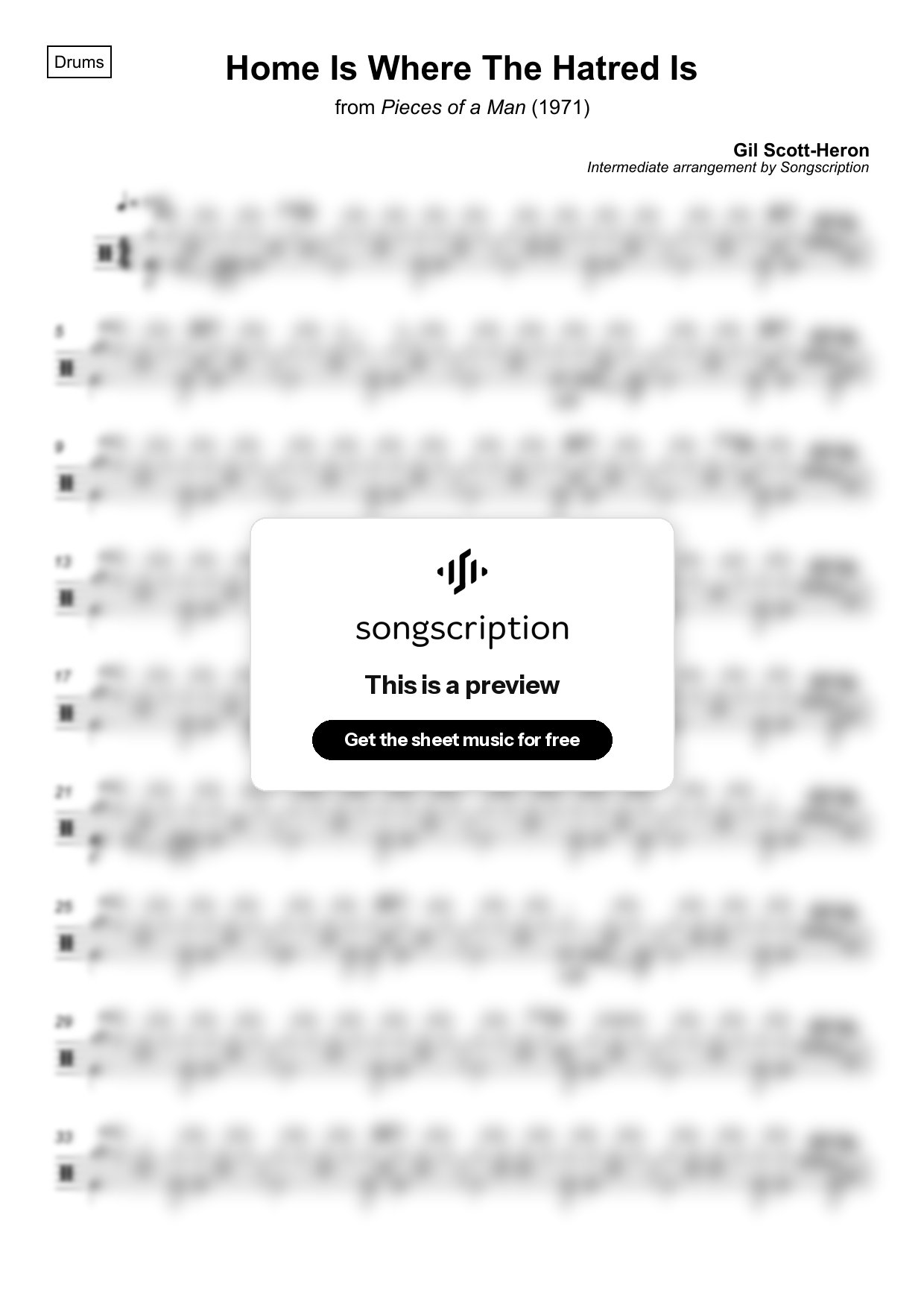 Intermediate Drums Sheet Music for "Home Is Where The Hatred Is" by Gil Scott-Heron