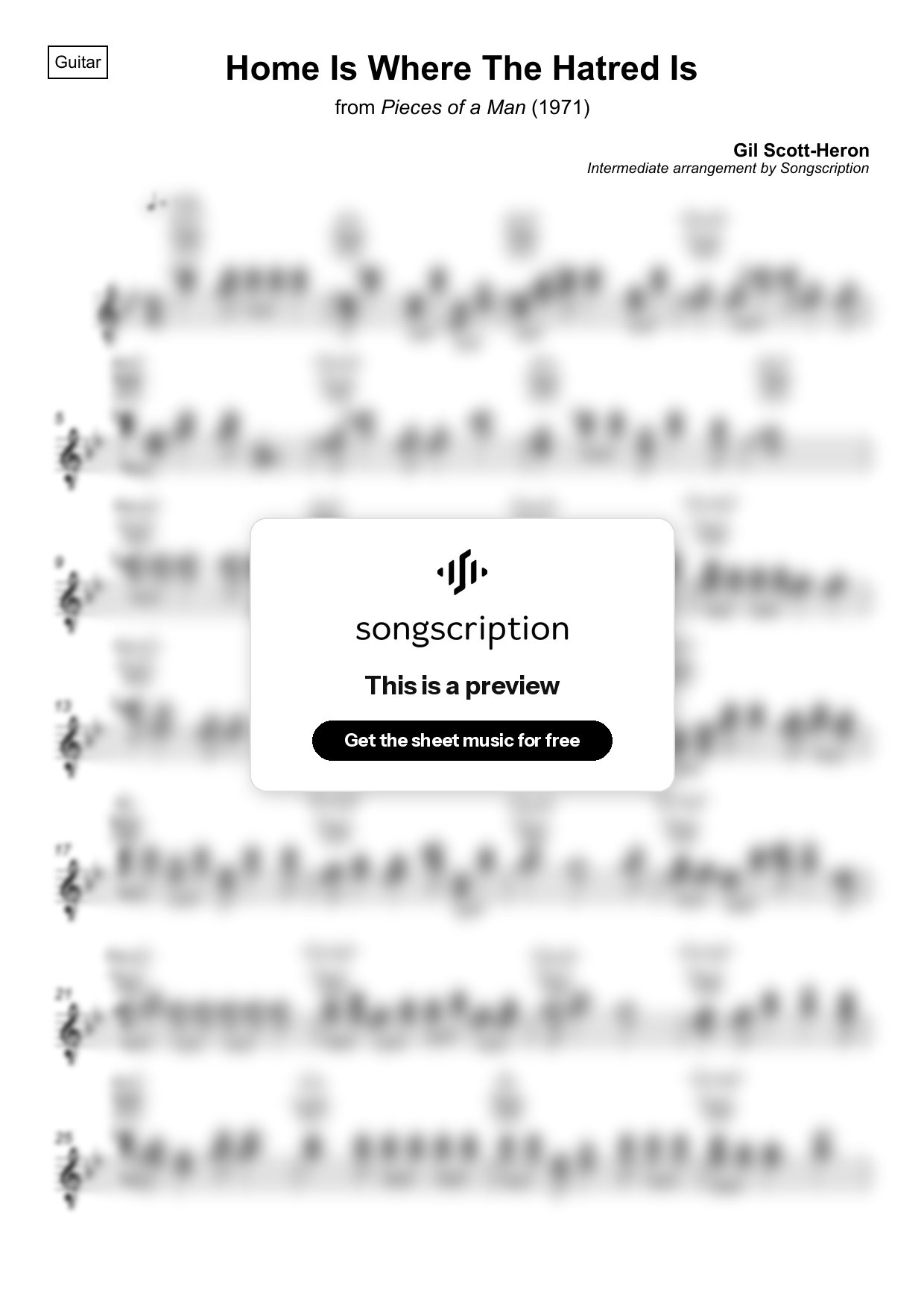 Intermediate Acoustic Guitar Sheet Music for "Home Is Where The Hatred Is" by Gil Scott-Heron