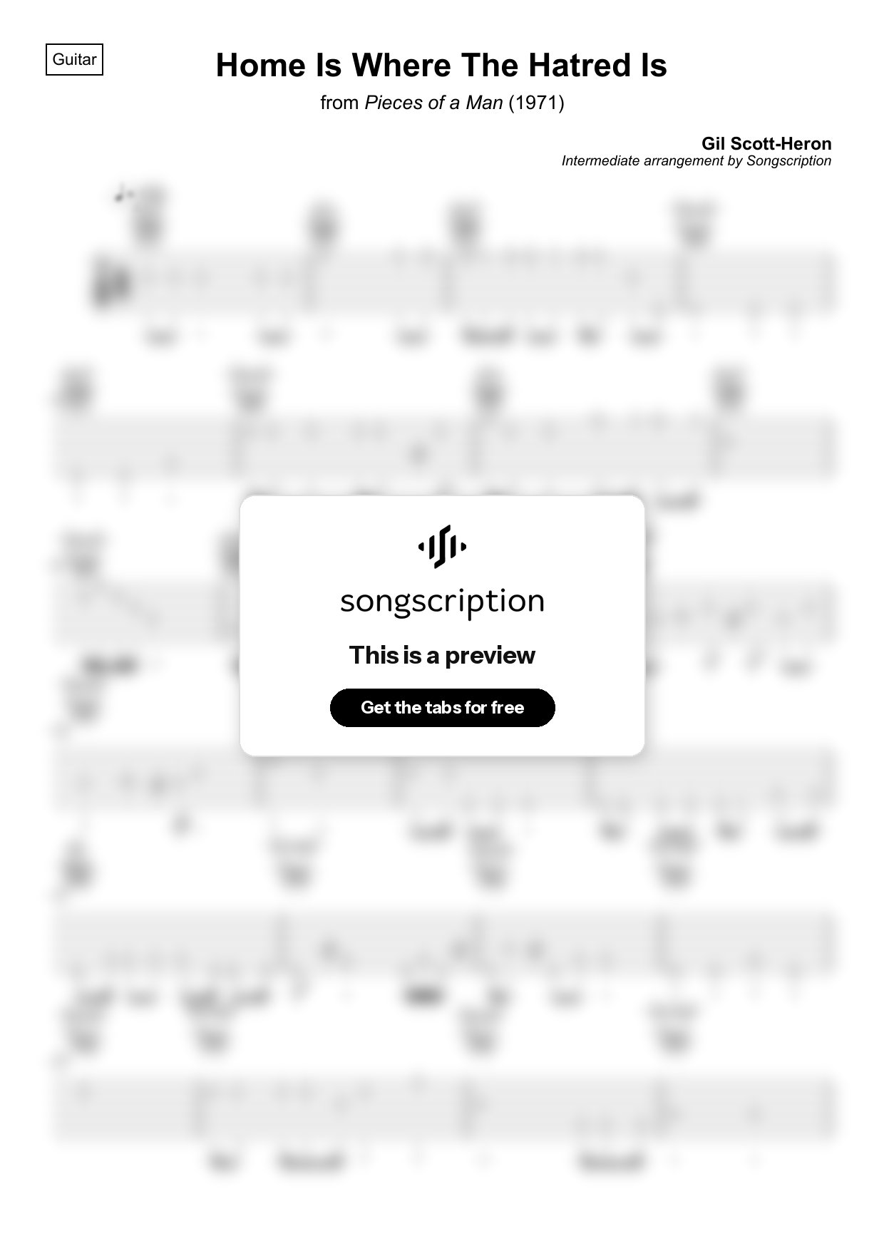 Intermediate Acoustic Guitar Tabs for "Home Is Where The Hatred Is" by Gil Scott-Heron