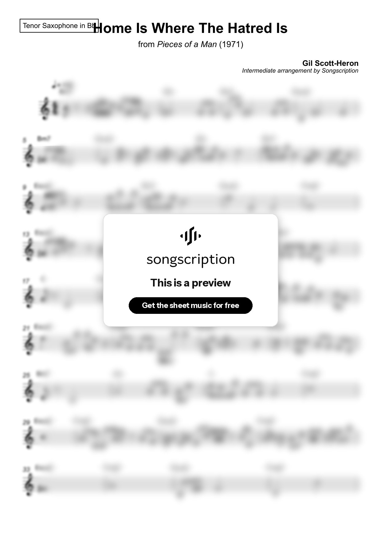 Intermediate Tenor Sax Sheet Music for "Home Is Where The Hatred Is" by Gil Scott-Heron