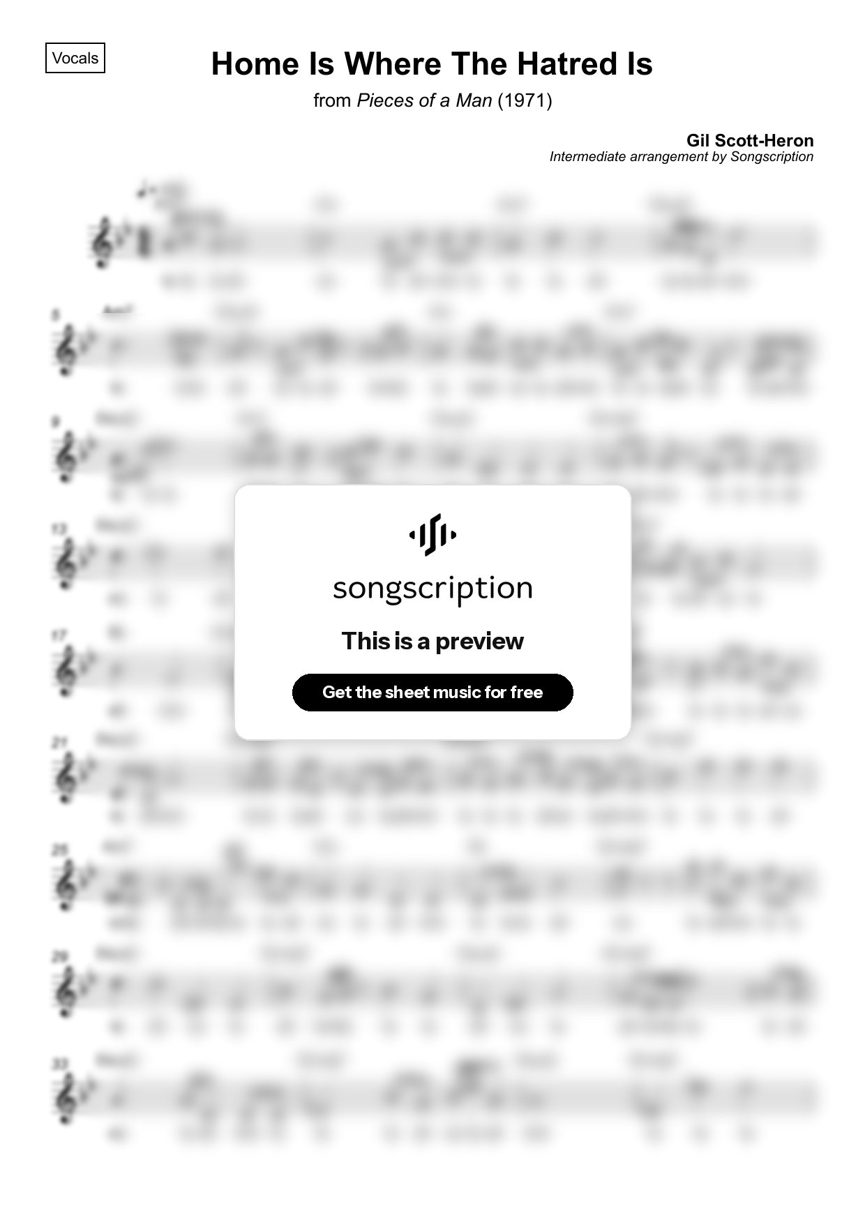 Intermediate Vocals Sheet Music for "Home Is Where The Hatred Is" by Gil Scott-Heron