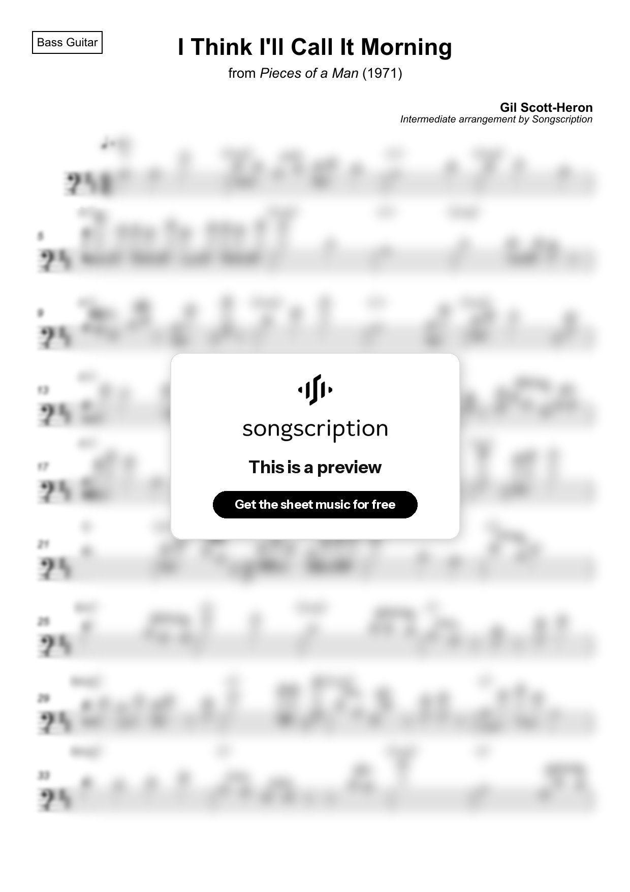 Intermediate Bass Guitar Sheet Music for "I Think I'll Call It Morning" by Gil Scott-Heron