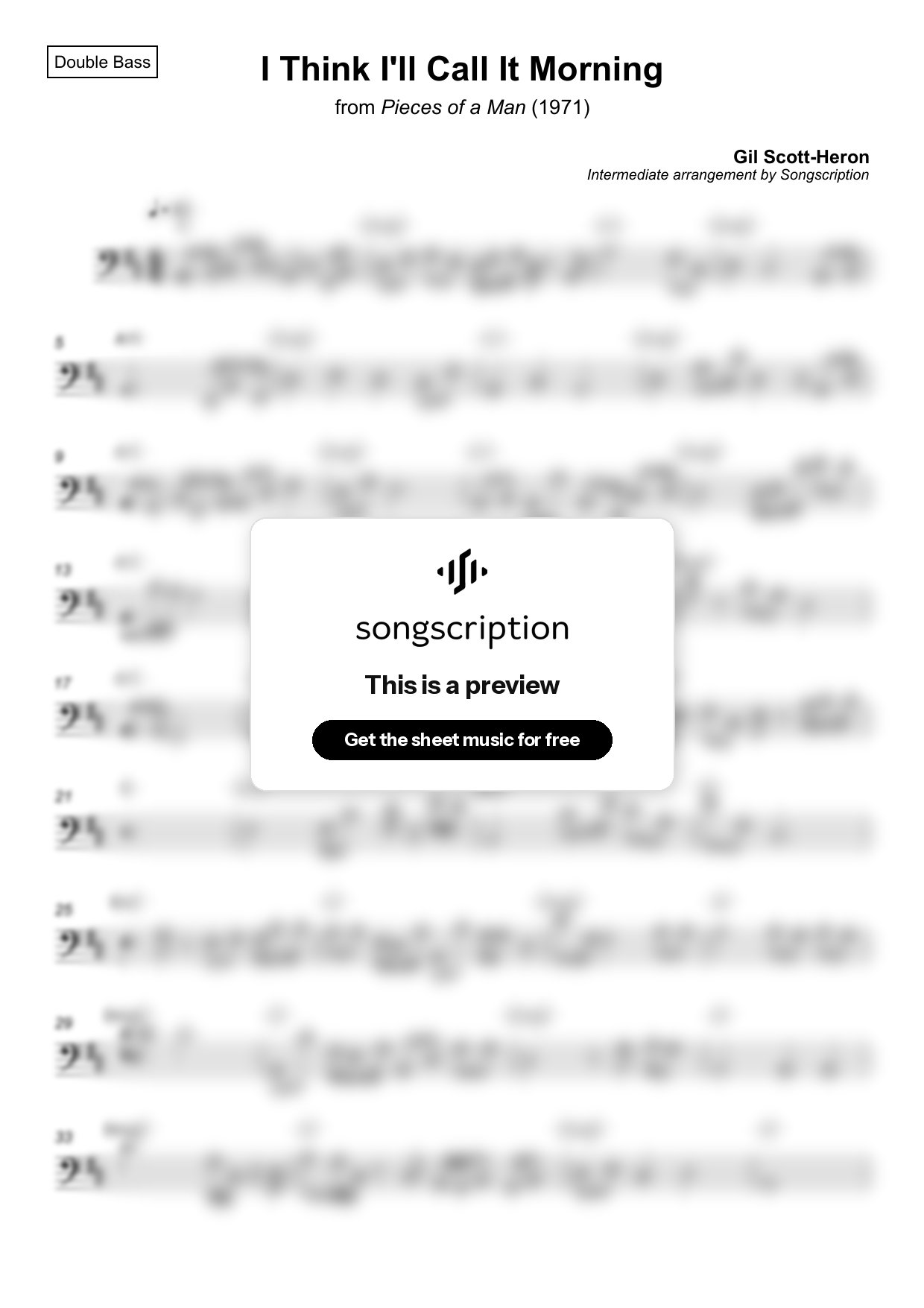 Intermediate Double Bass Sheet Music for "I Think I'll Call It Morning" by Gil Scott-Heron