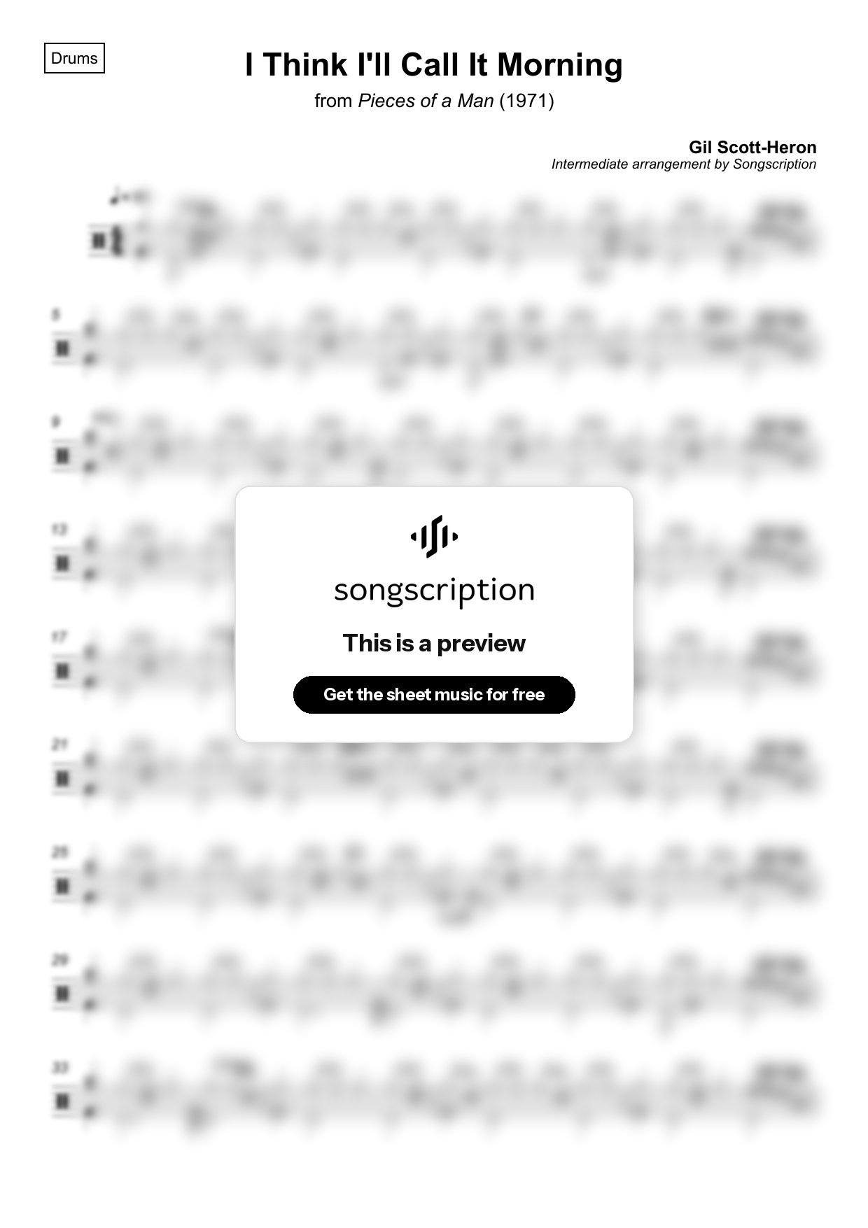 Intermediate Drums Sheet Music for "I Think I'll Call It Morning" by Gil Scott-Heron