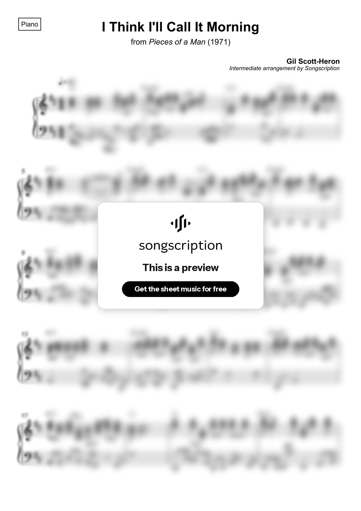 Intermediate Piano Sheet Music for "I Think I'll Call It Morning" by Gil Scott-Heron