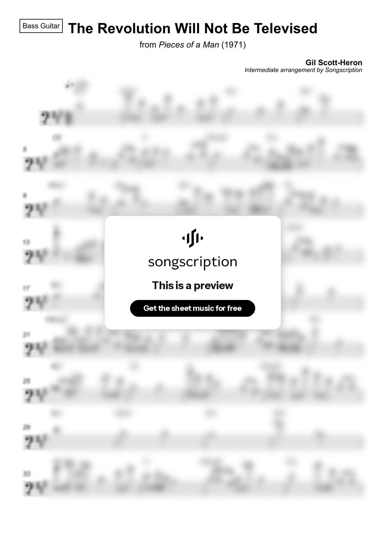 Intermediate Bass Guitar Sheet Music for "The Revolution Will Not Be Televised" by Gil Scott-Heron