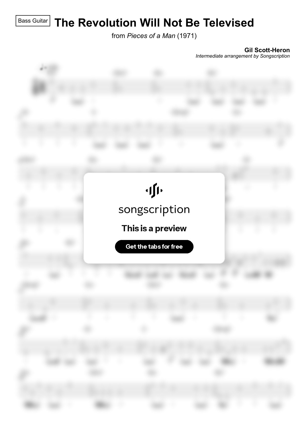 Intermediate Bass Guitar Tabs for "The Revolution Will Not Be Televised" by Gil Scott-Heron
