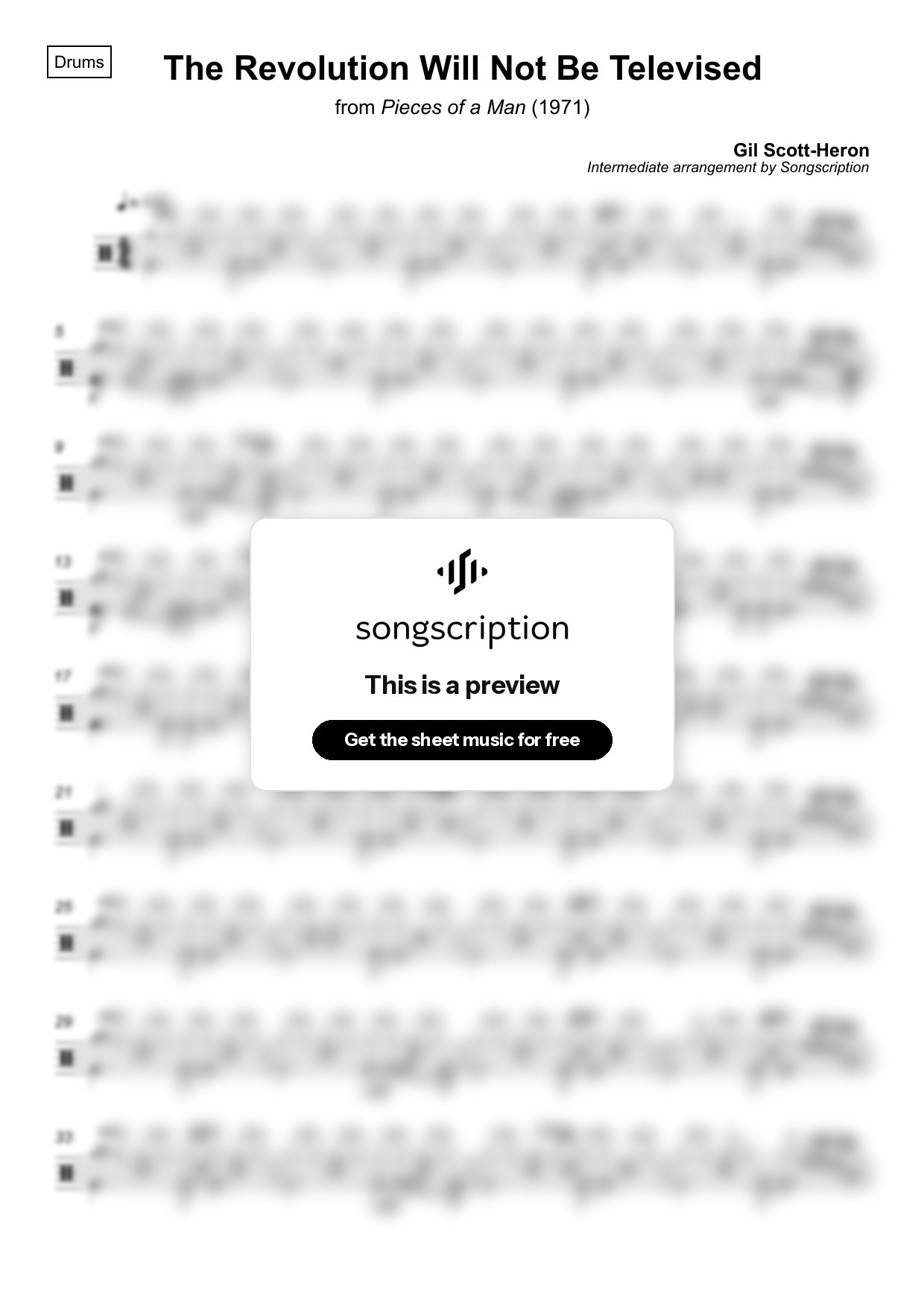 Intermediate Drums Sheet Music for "The Revolution Will Not Be Televised" by Gil Scott-Heron