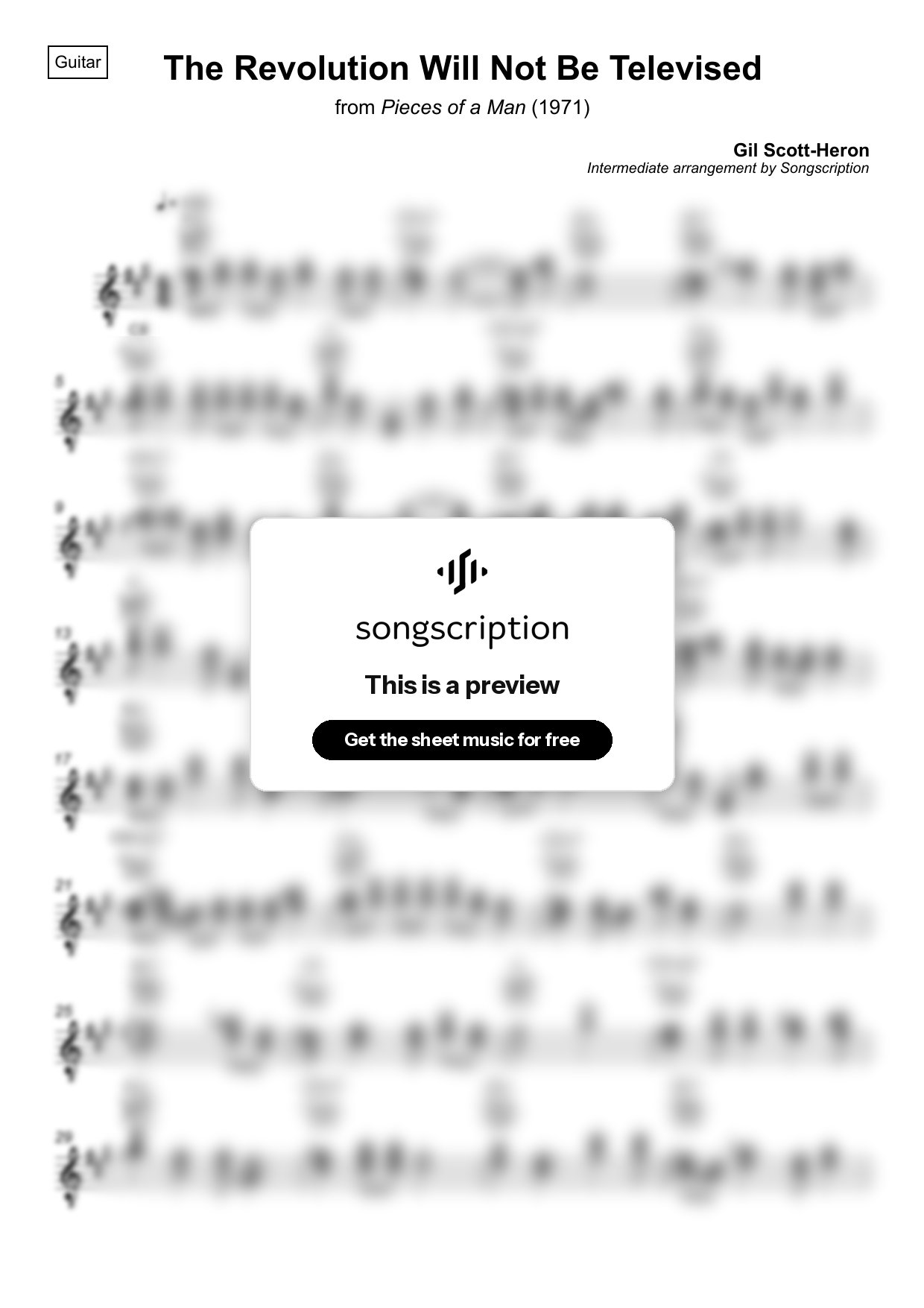Intermediate Acoustic Guitar Sheet Music for "The Revolution Will Not Be Televised" by Gil Scott-Heron