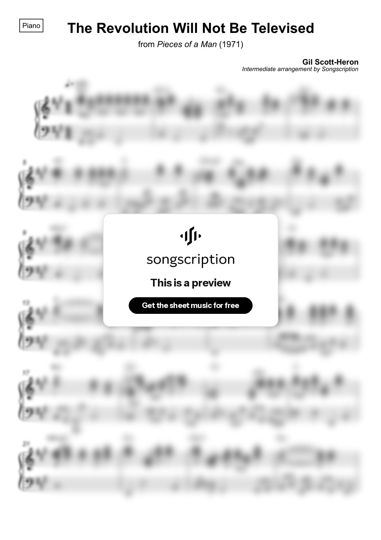 Intermediate Piano Sheet Music for "The Revolution Will Not Be Televised" by Gil Scott-Heron