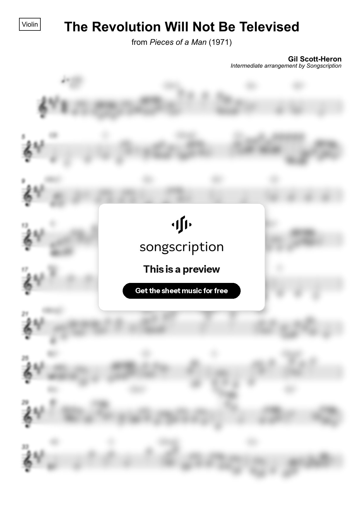 Intermediate Violin Sheet Music for "The Revolution Will Not Be Televised" by Gil Scott-Heron
