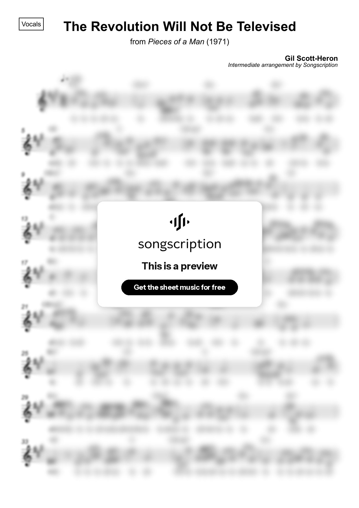 Intermediate Vocals Sheet Music for "The Revolution Will Not Be Televised" by Gil Scott-Heron