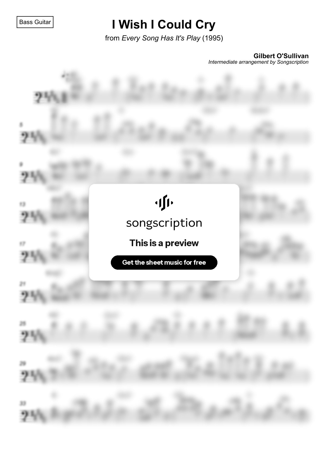 Intermediate Bass Guitar Sheet Music for "I Wish I Could Cry" by Gilbert O'Sullivan