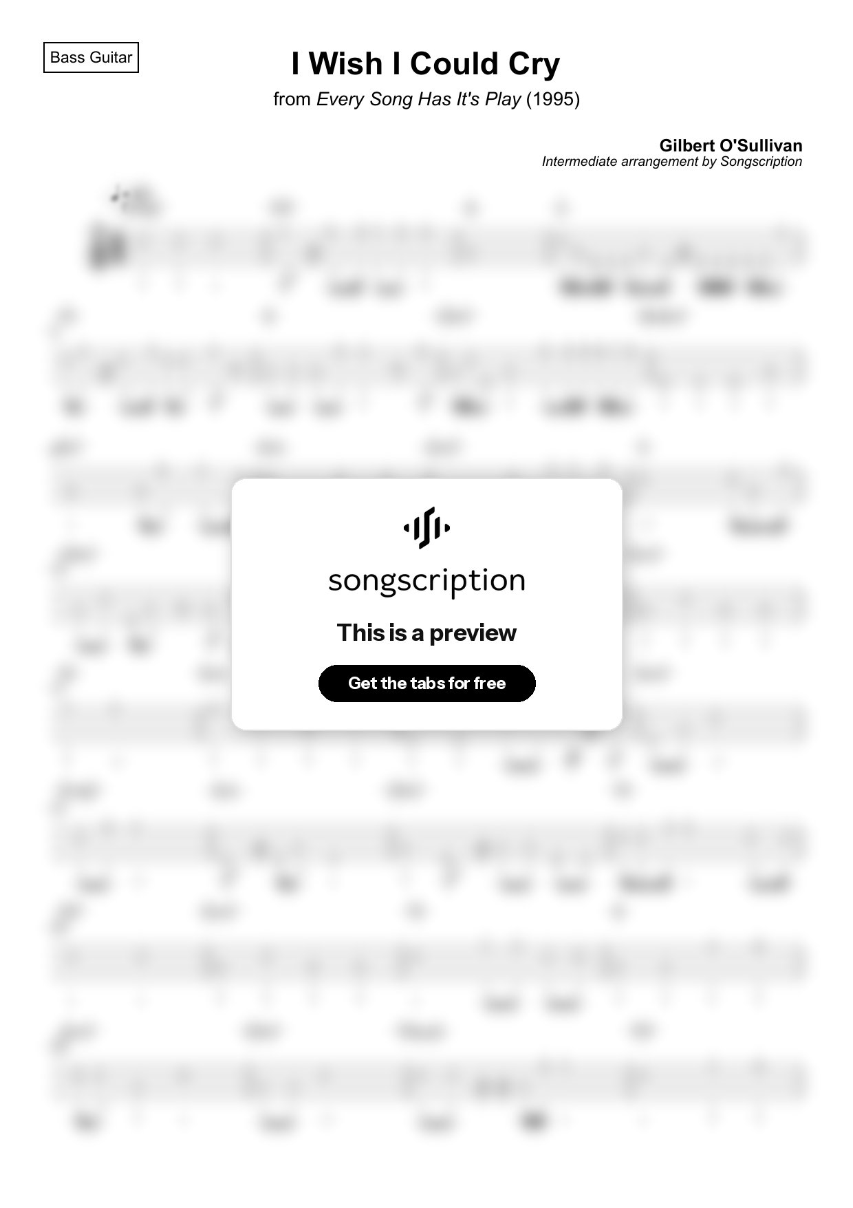 Intermediate Bass Guitar Tabs for "I Wish I Could Cry" by Gilbert O'Sullivan