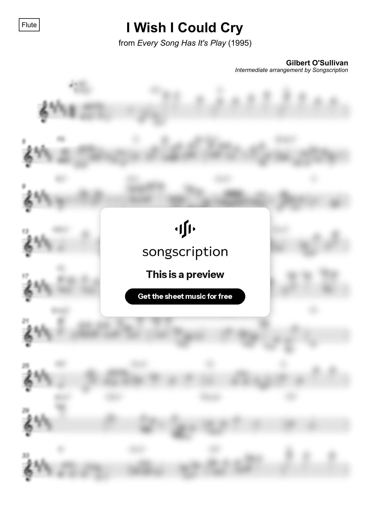 Intermediate Flute Sheet Music for "I Wish I Could Cry" by Gilbert O'Sullivan