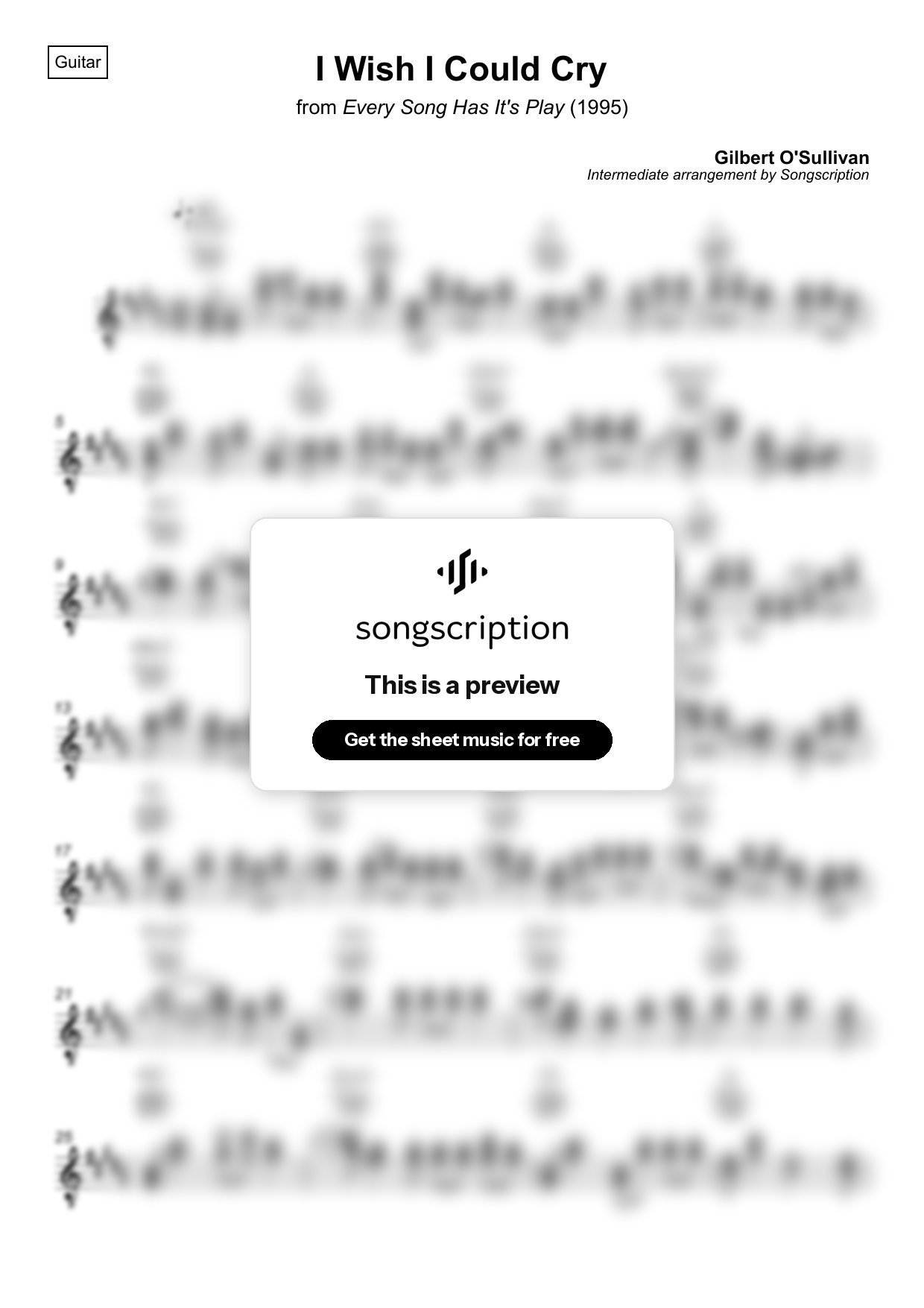 Intermediate Acoustic Guitar Sheet Music for "I Wish I Could Cry" by Gilbert O'Sullivan