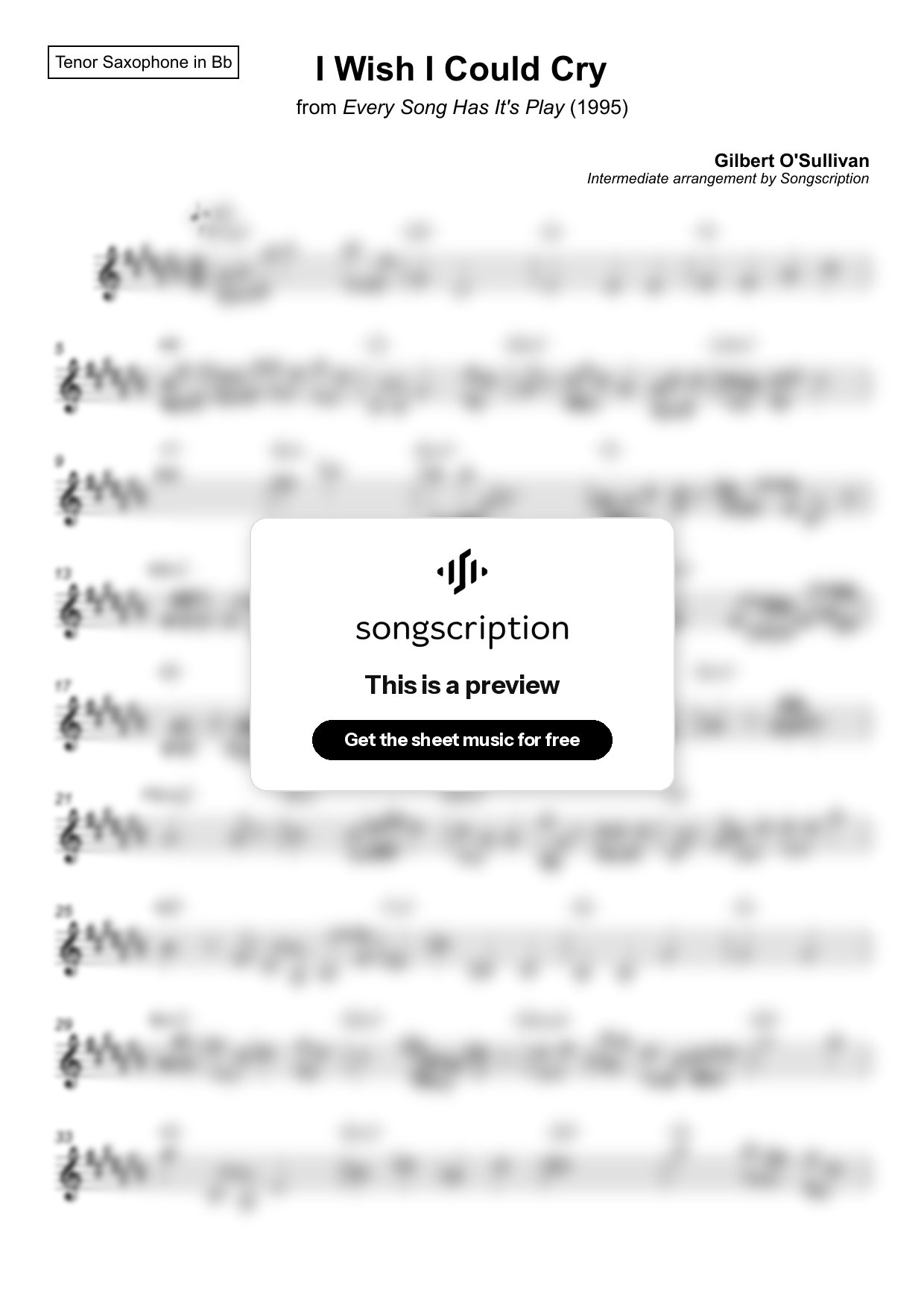 Intermediate Tenor Sax Sheet Music for "I Wish I Could Cry" by Gilbert O'Sullivan