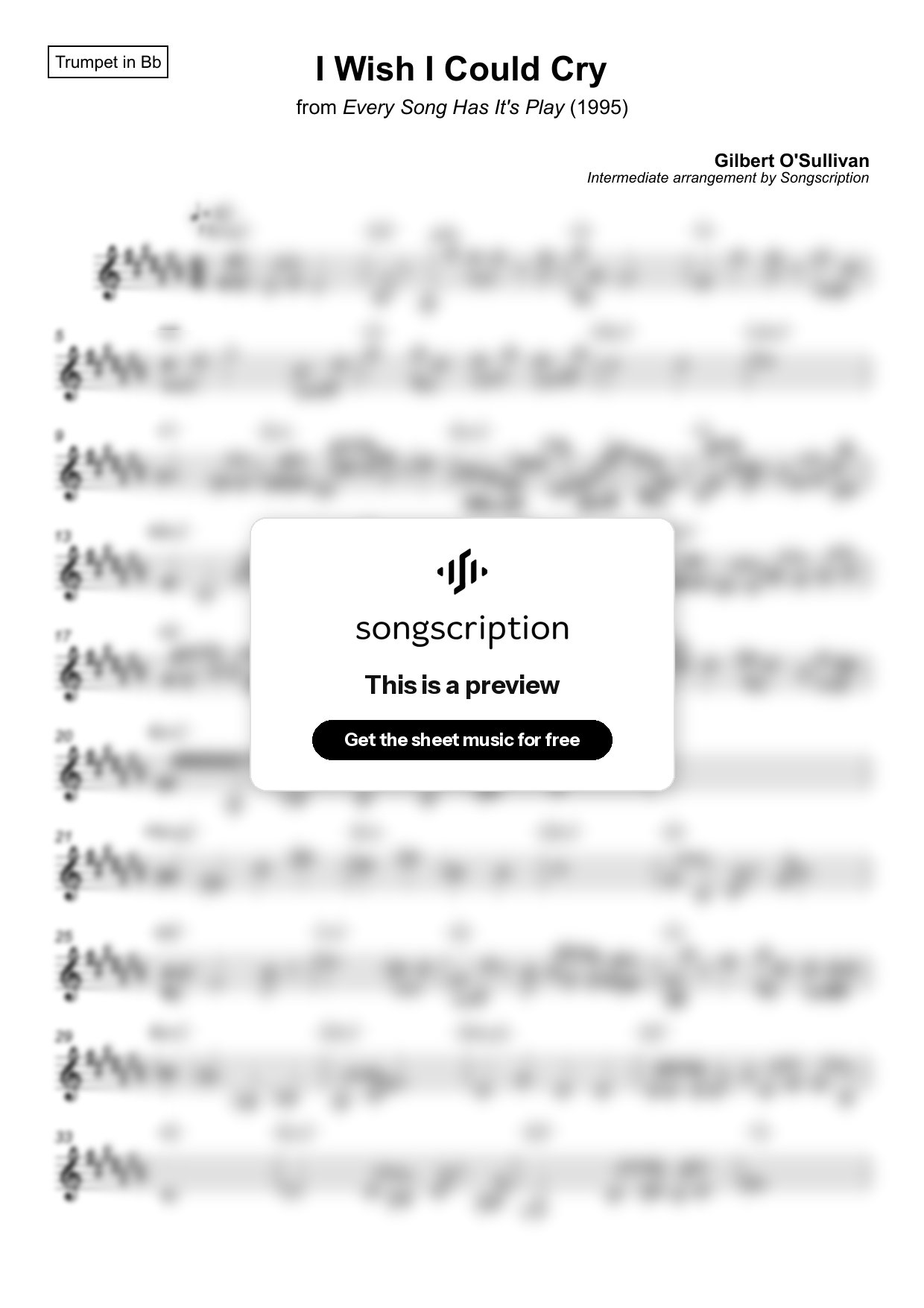 Intermediate Trumpet Sheet Music for "I Wish I Could Cry" by Gilbert O'Sullivan