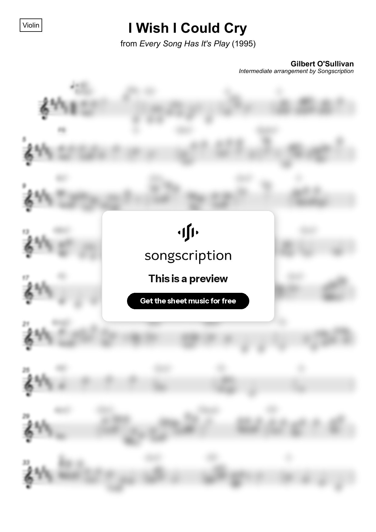 Intermediate Violin Sheet Music for "I Wish I Could Cry" by Gilbert O'Sullivan