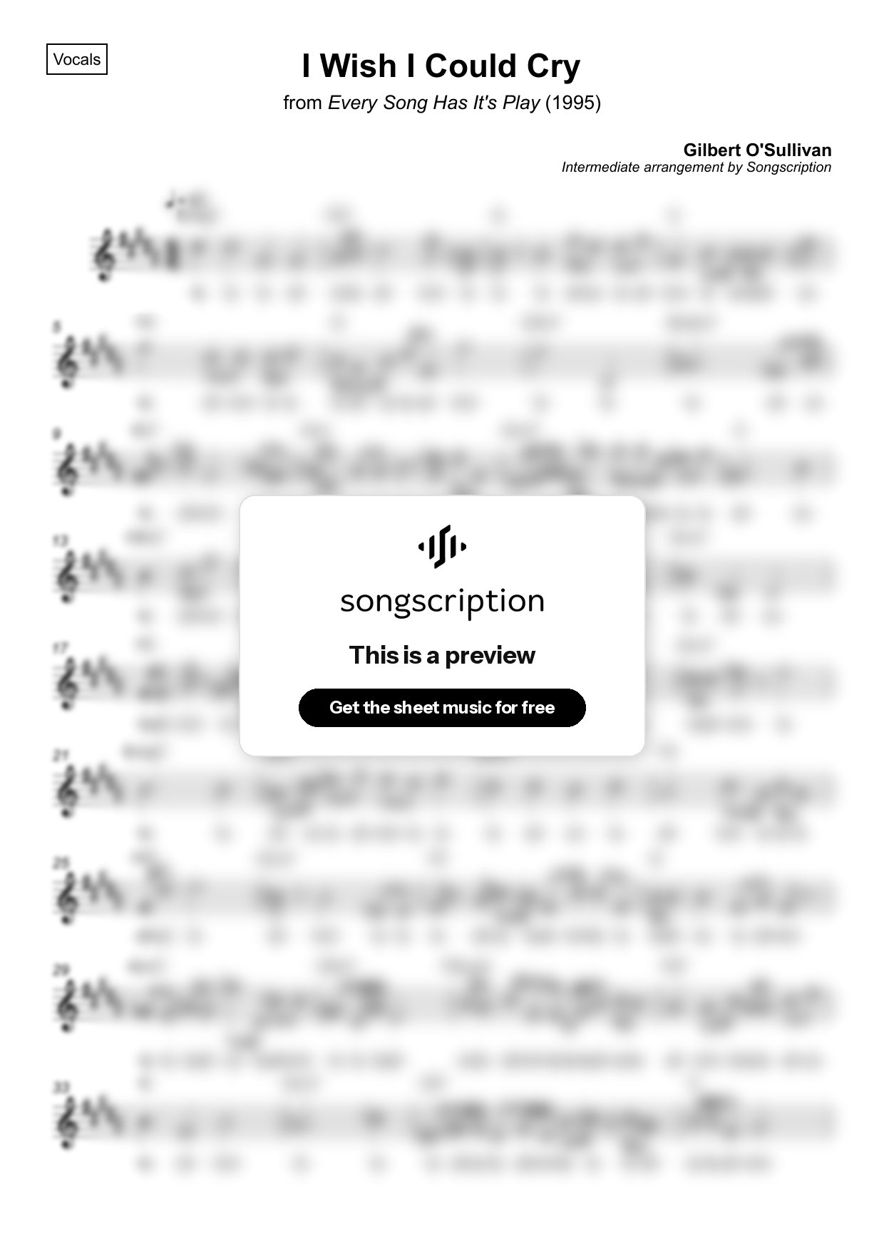 Intermediate Vocals Sheet Music for "I Wish I Could Cry" by Gilbert O'Sullivan