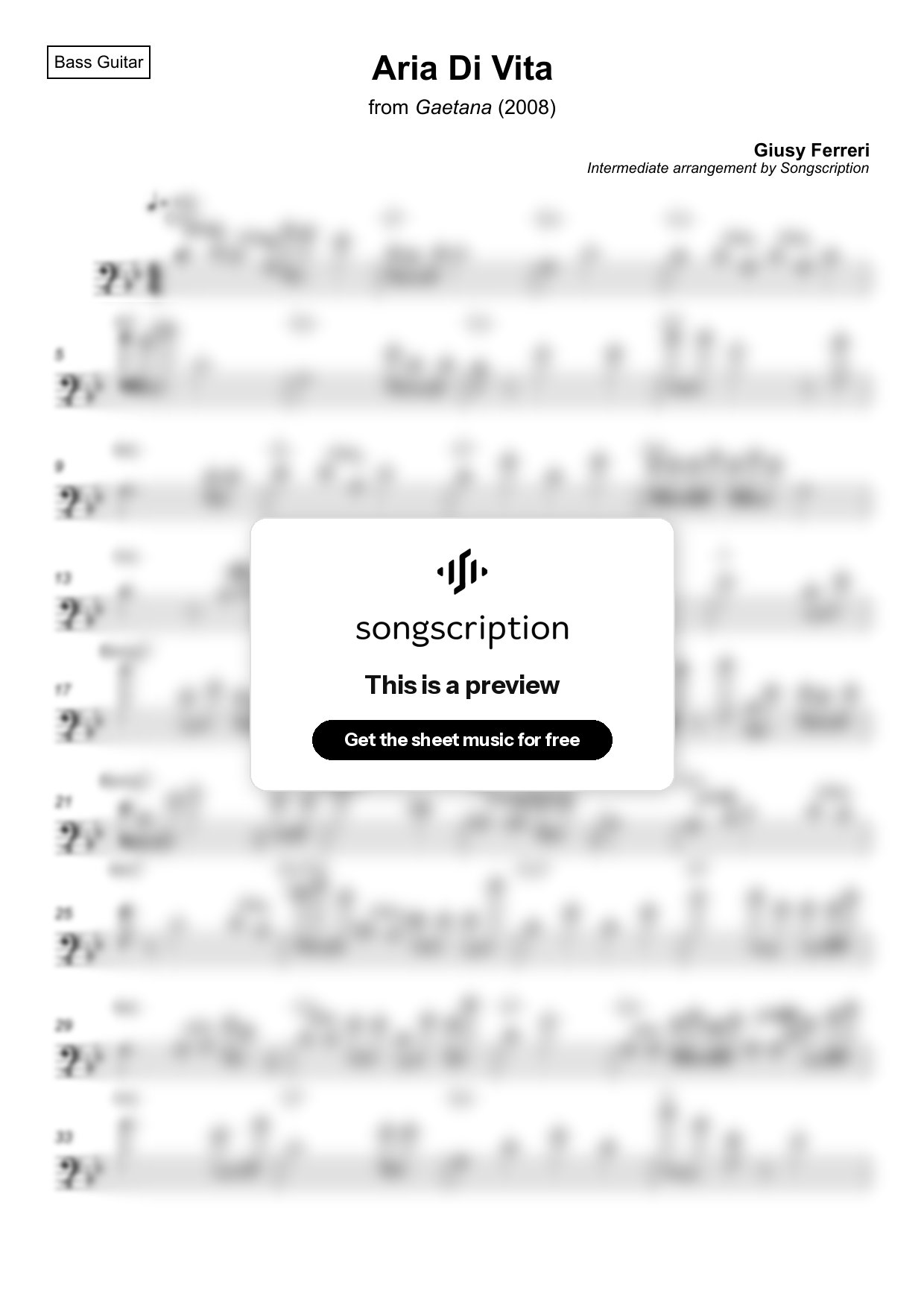 Intermediate Bass Guitar Sheet Music for "Aria Di Vita" by Giusy Ferreri