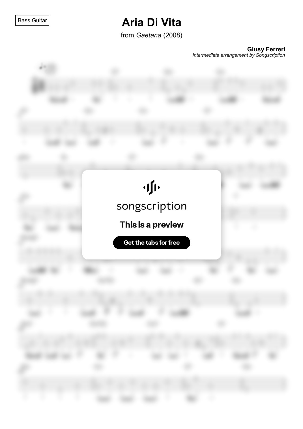 Intermediate Bass Guitar Tabs for "Aria Di Vita" by Giusy Ferreri