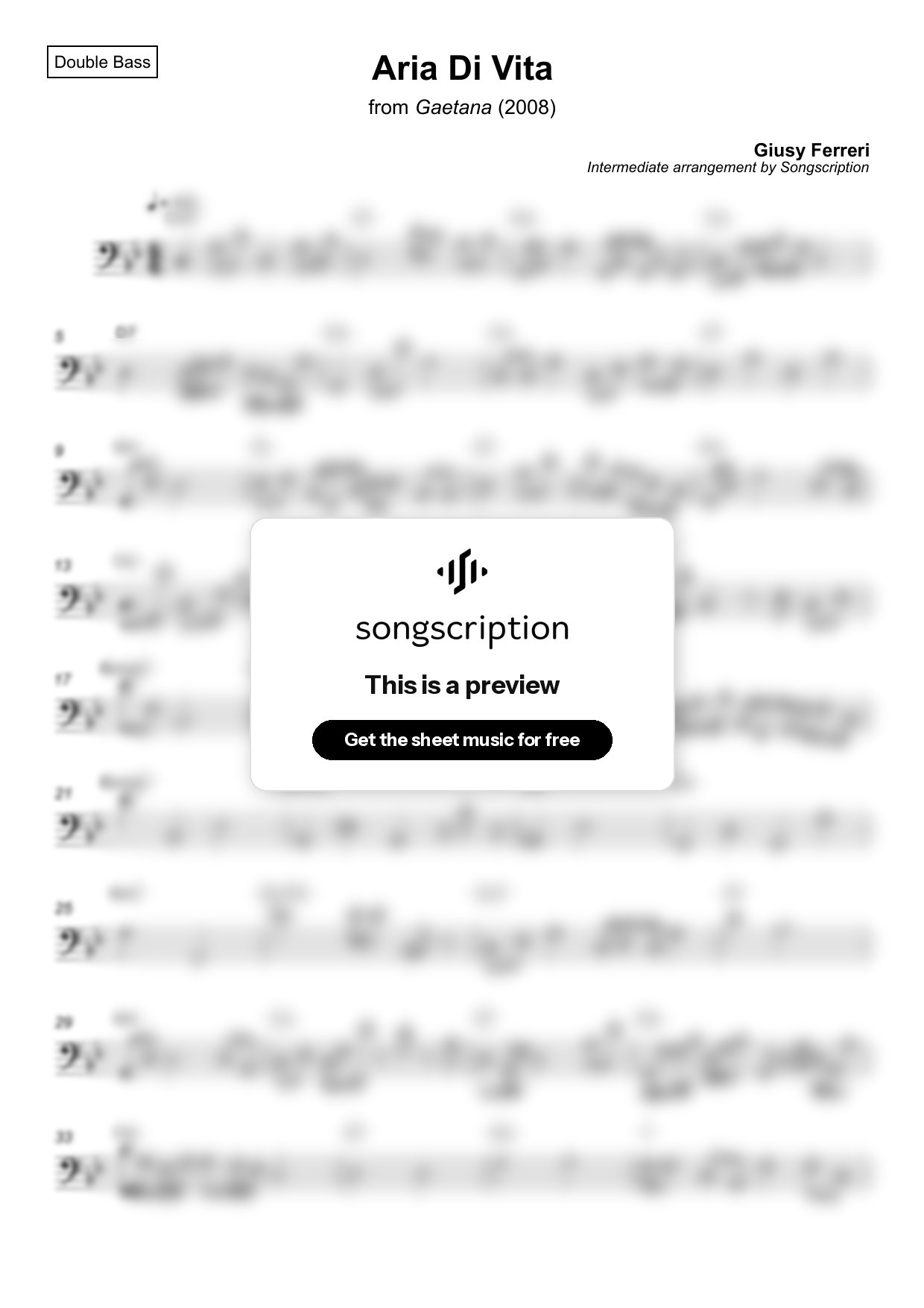 Intermediate Double Bass Sheet Music for "Aria Di Vita" by Giusy Ferreri