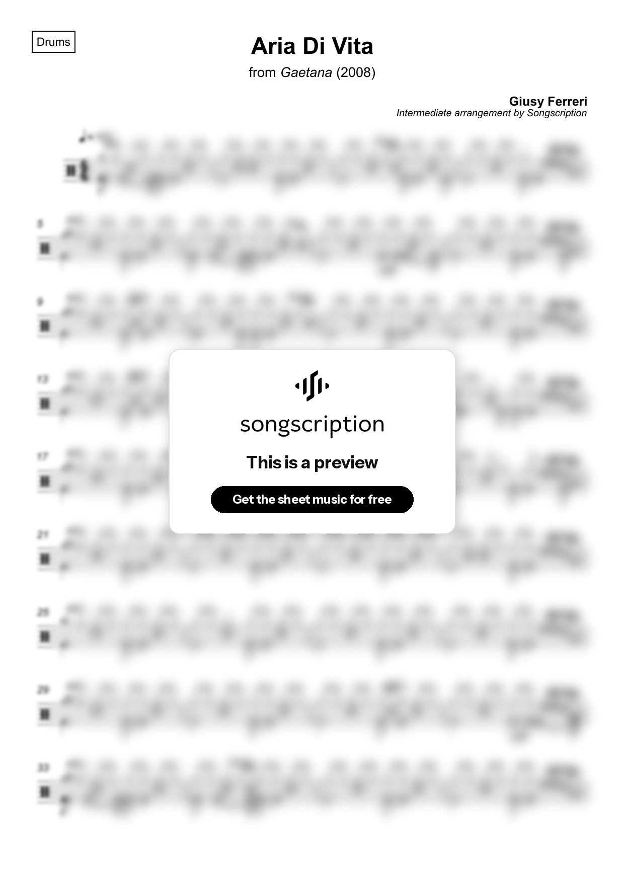 Intermediate Drums Sheet Music for "Aria Di Vita" by Giusy Ferreri