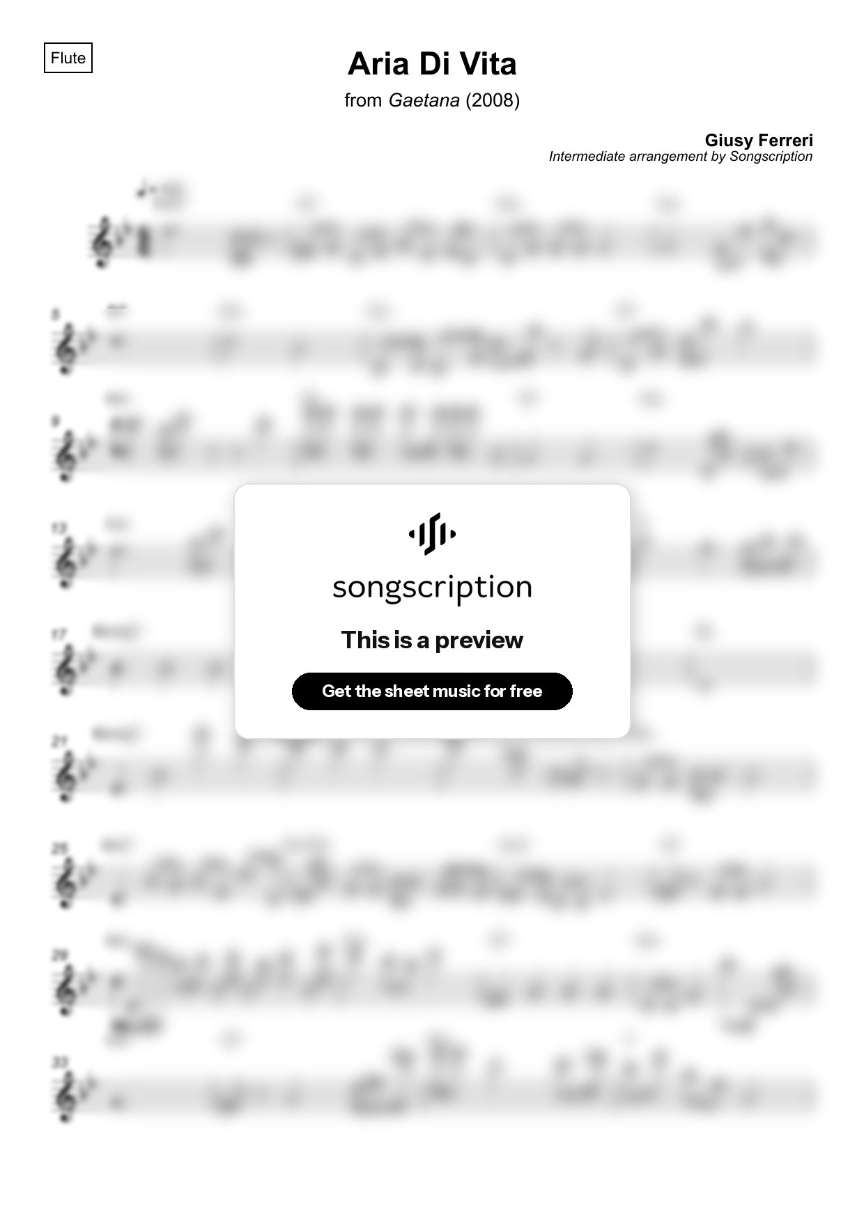 Intermediate Flute Sheet Music for "Aria Di Vita" by Giusy Ferreri