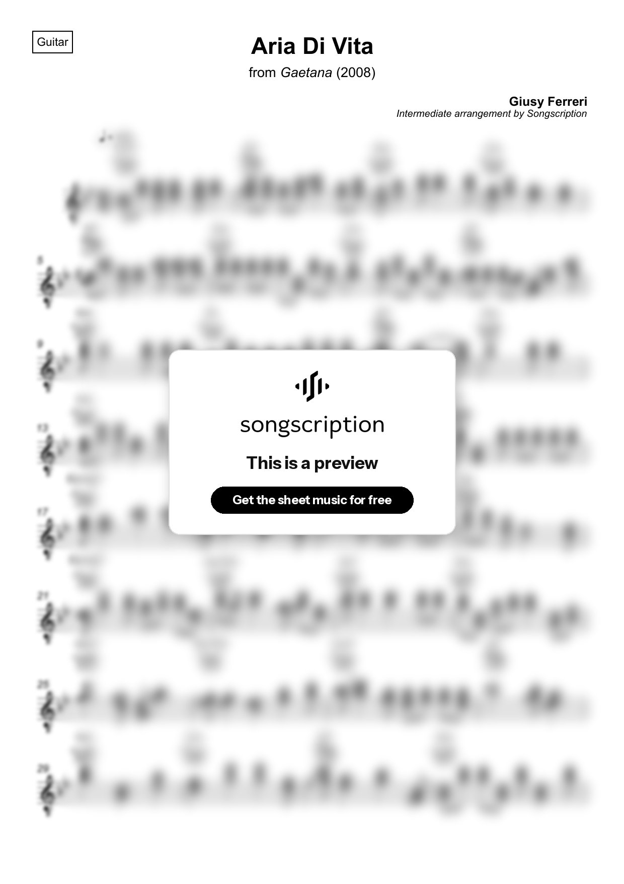 Intermediate Acoustic Guitar Sheet Music for "Aria Di Vita" by Giusy Ferreri