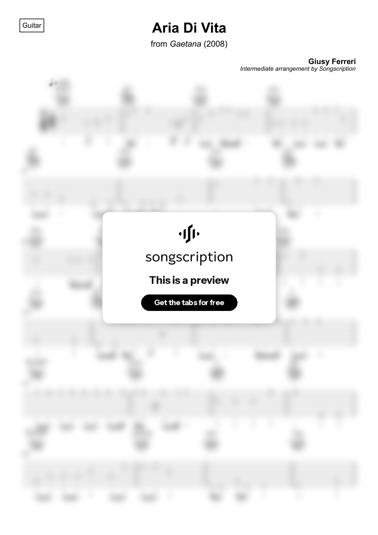 Intermediate Acoustic Guitar Tabs for "Aria Di Vita" by Giusy Ferreri